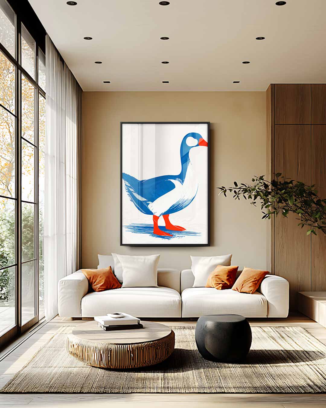 Stijlvolle Eend in Blauw en Rood Kunstwerk-canvas-dibond-plexiglas-wanddecoratie-WallArtistic