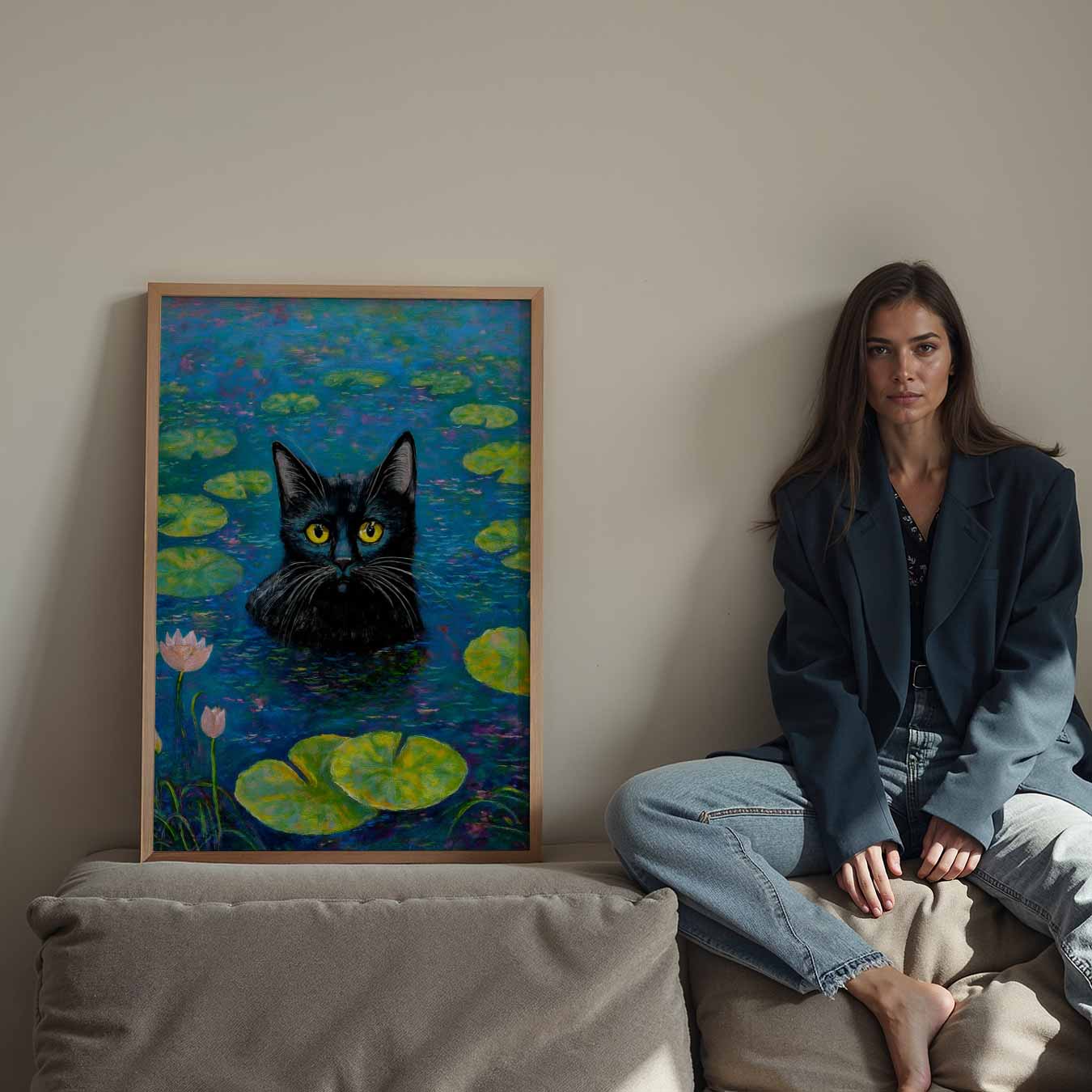 Mystieke Zwarte Kat op Waterlelies Poster