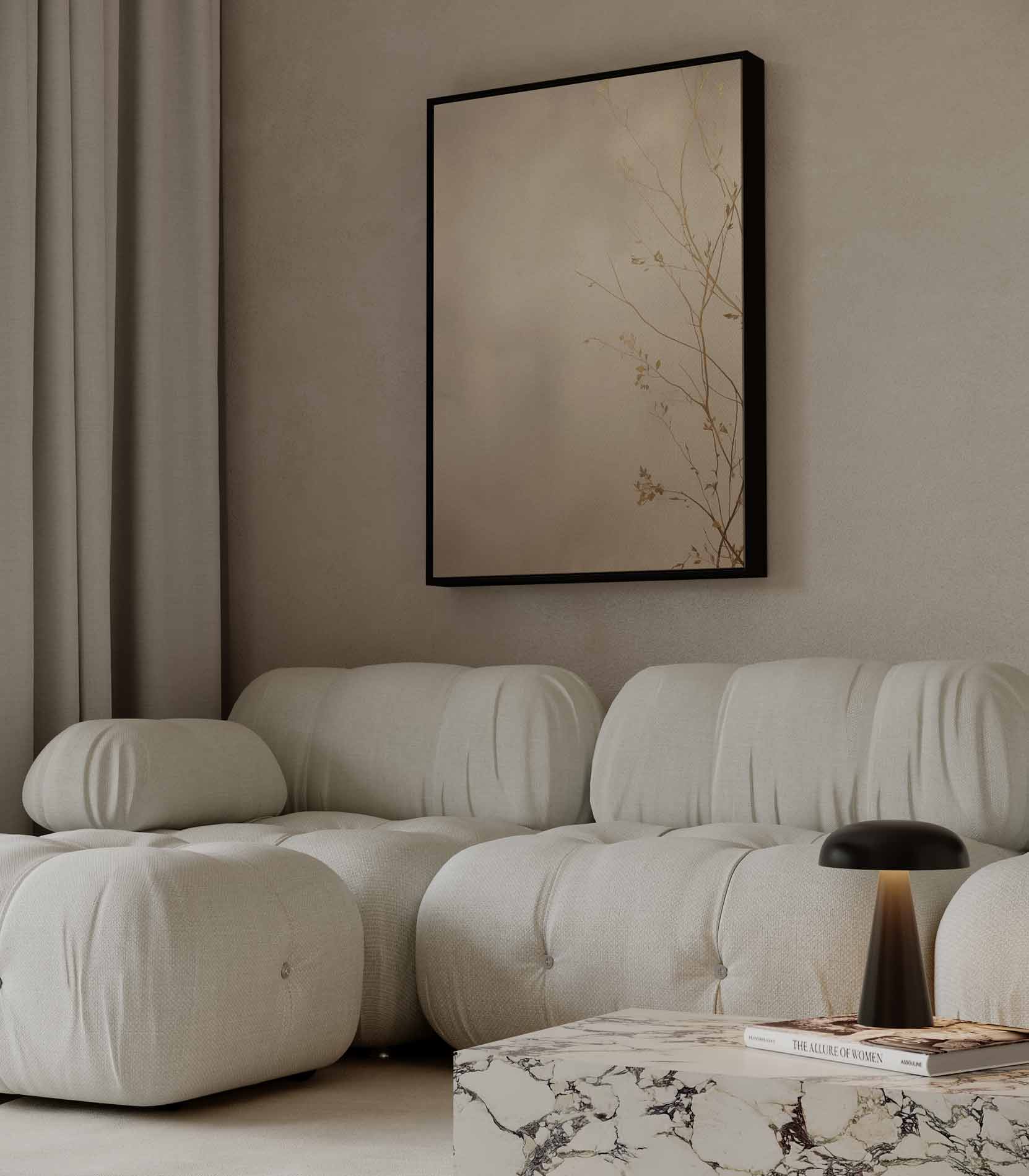 Gouden Zweepslag: Minimalistische Takken Kunstwerk-canvas-dibond-plexiglas-wanddecoratie-WallArtistic