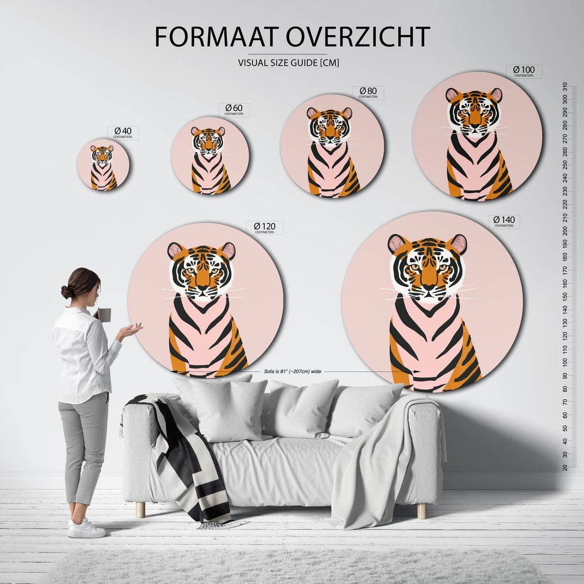 Tijger op roze Muurcirkel – extra productweergave – Een tijger met oranje en zwarte strepen op een roze achtergrond.