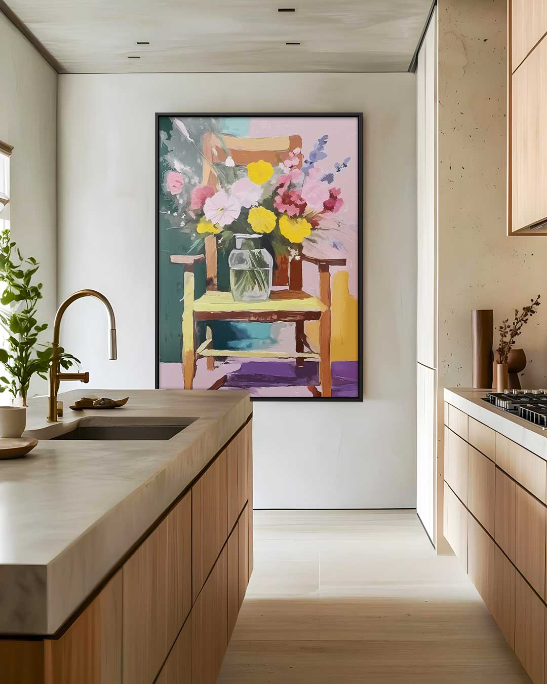 Zomerbloemen op Stoel Kunstwerk-canvas-dibond-plexiglas-wanddecoratie-WallArtistic