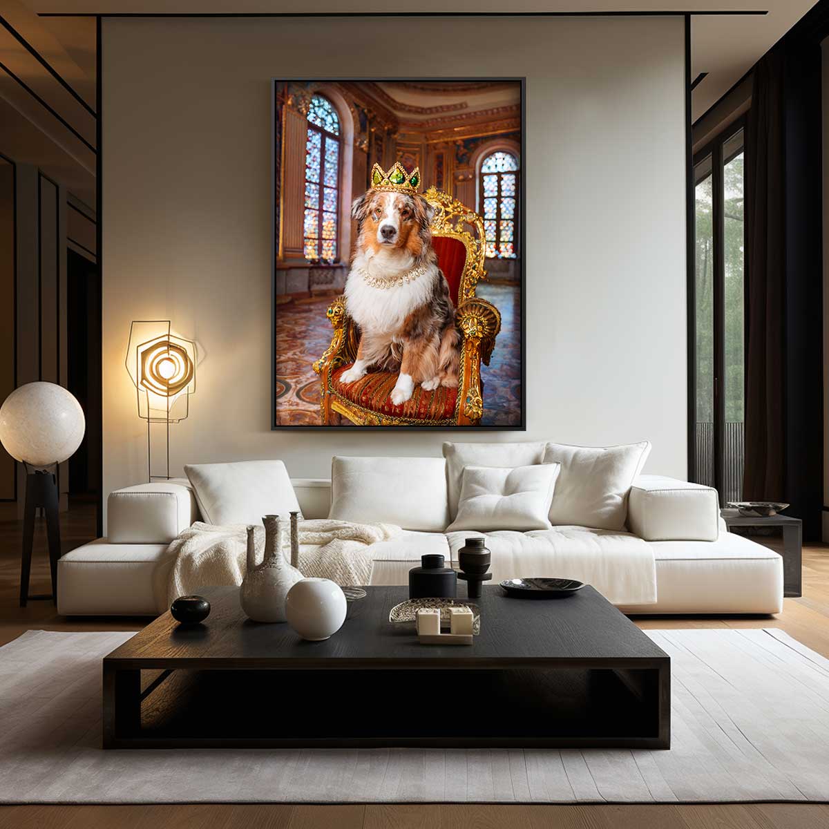 Koninklijke Hond op Gouden Troon Kunstwerk-canvas-dibond-plexiglas-wanddecoratie-WallArtistic