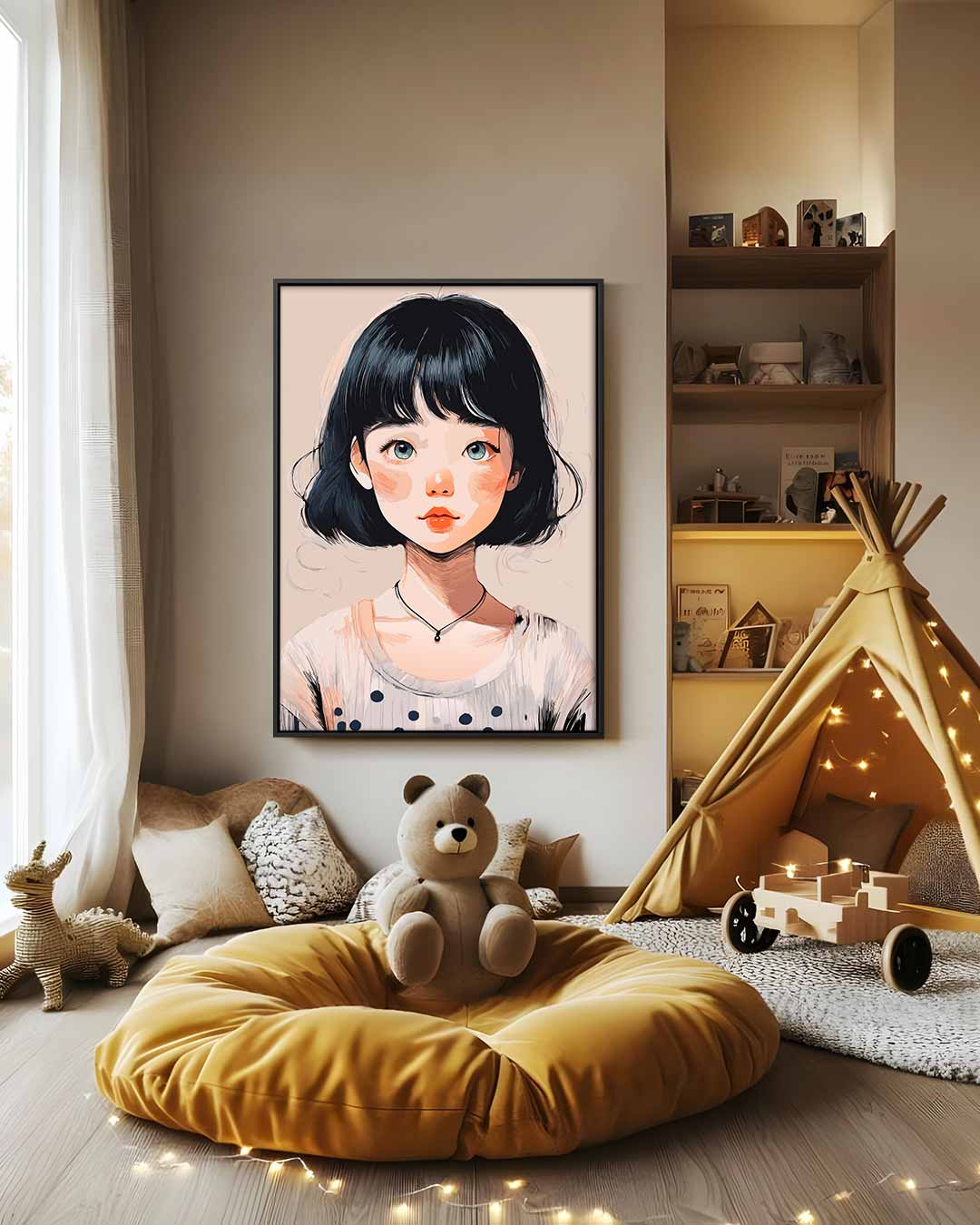 Meisje met Zwarte Boblijn Kunstwerk-canvas-dibond-plexiglas-wanddecoratie-WallArtistic