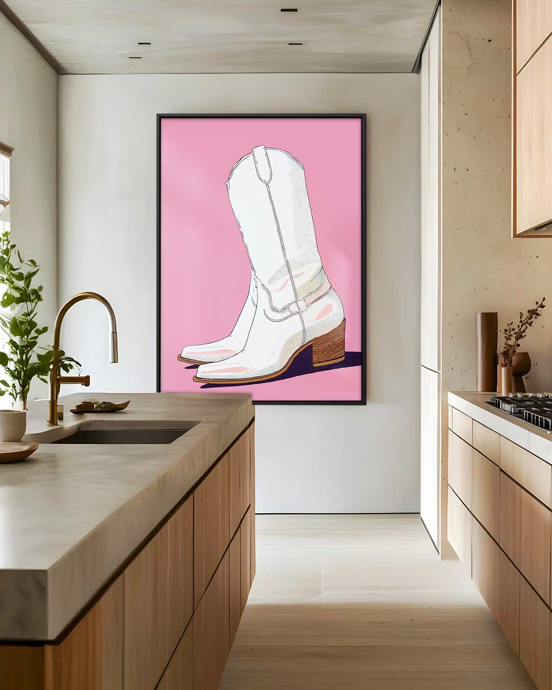 Witte Cowboylaarzen op Roze Achtergrond Kunstwerk-canvas-dibond-plexiglas-wanddecoratie-WallArtistic