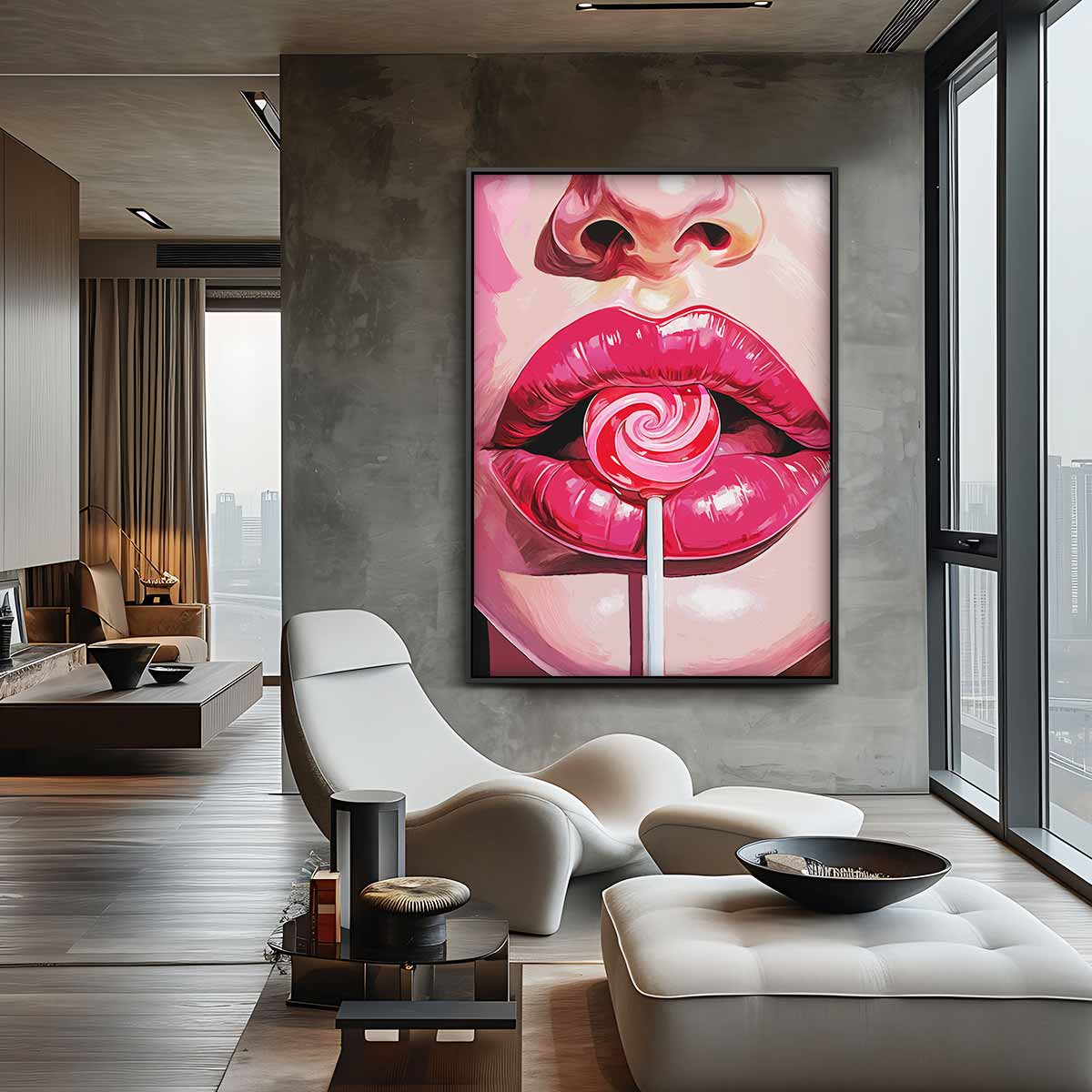 Pop Art Lolly Lips Kunstwerk-canvas-dibond-plexiglas-wanddecoratie-WallArtistic