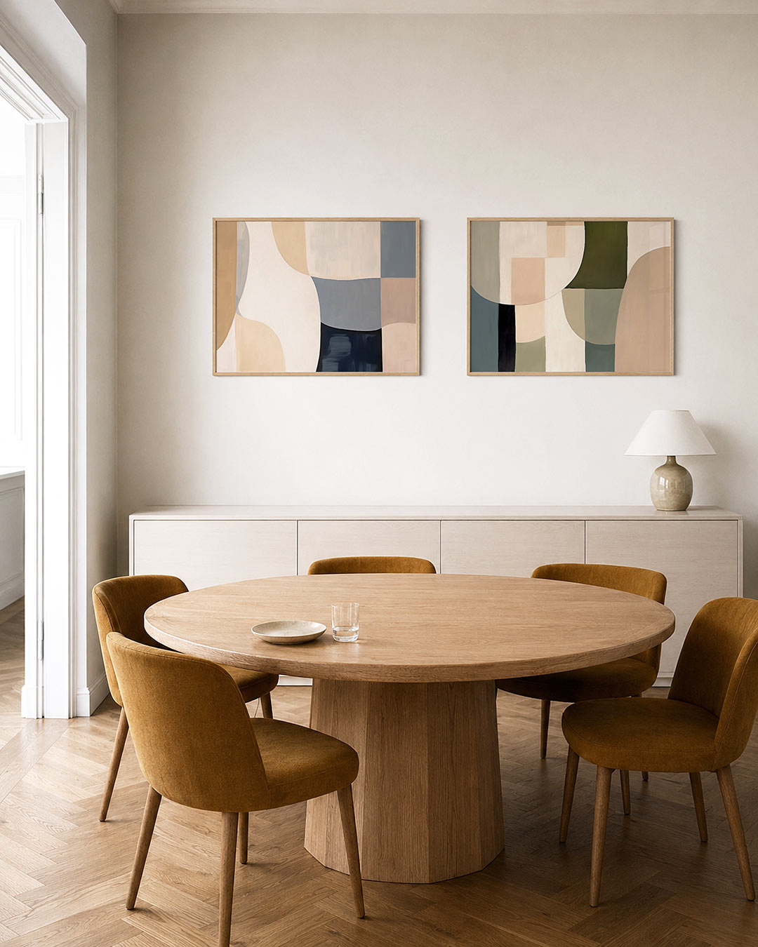 Twee liggende posters met zachte, vloeiende vormen in beige, wit en blauw, aan de muur in een interieur