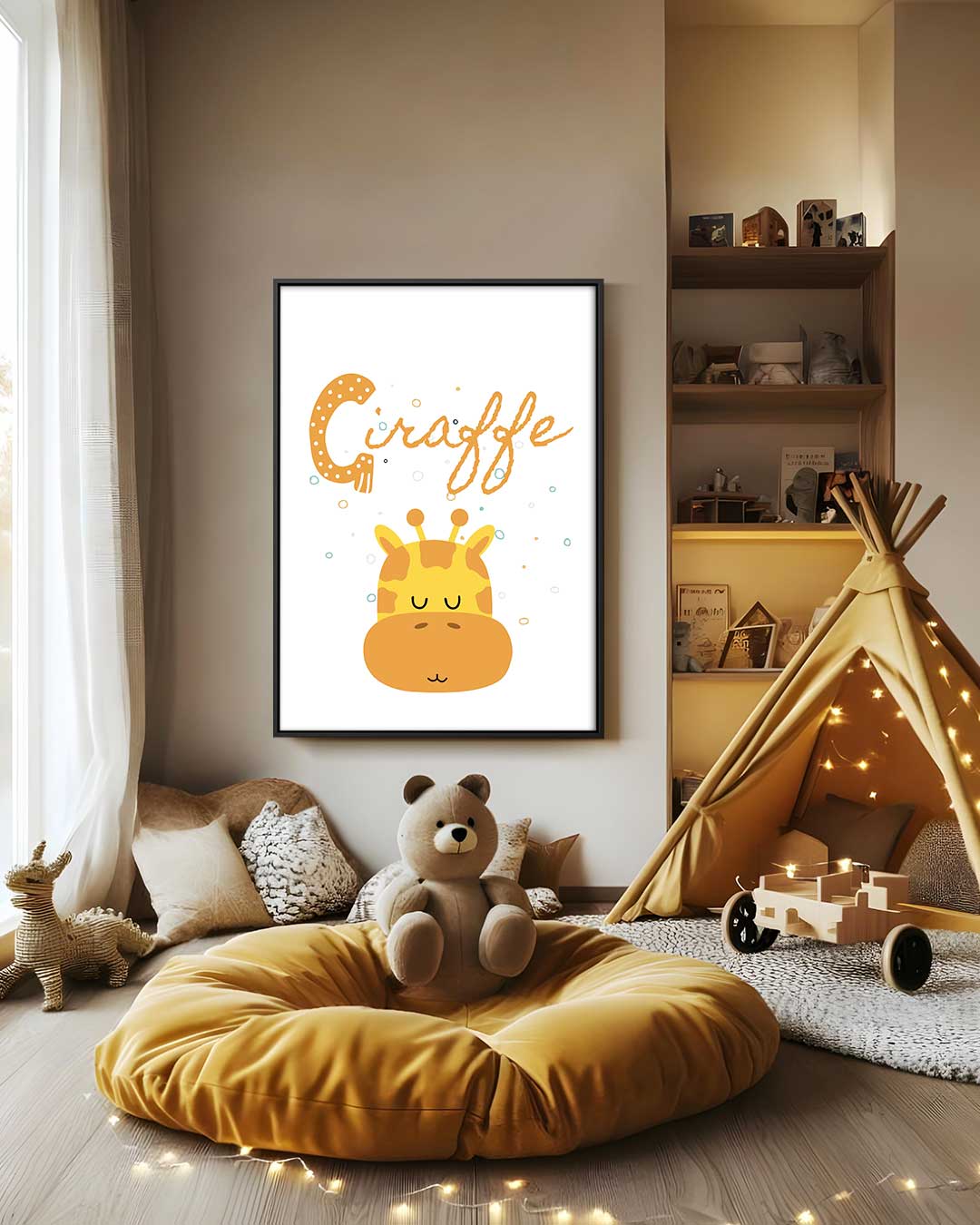 Dromerige Giraffe Illustratie Kunstwerk-canvas-dibond-plexiglas-wanddecoratie-WallArtistic