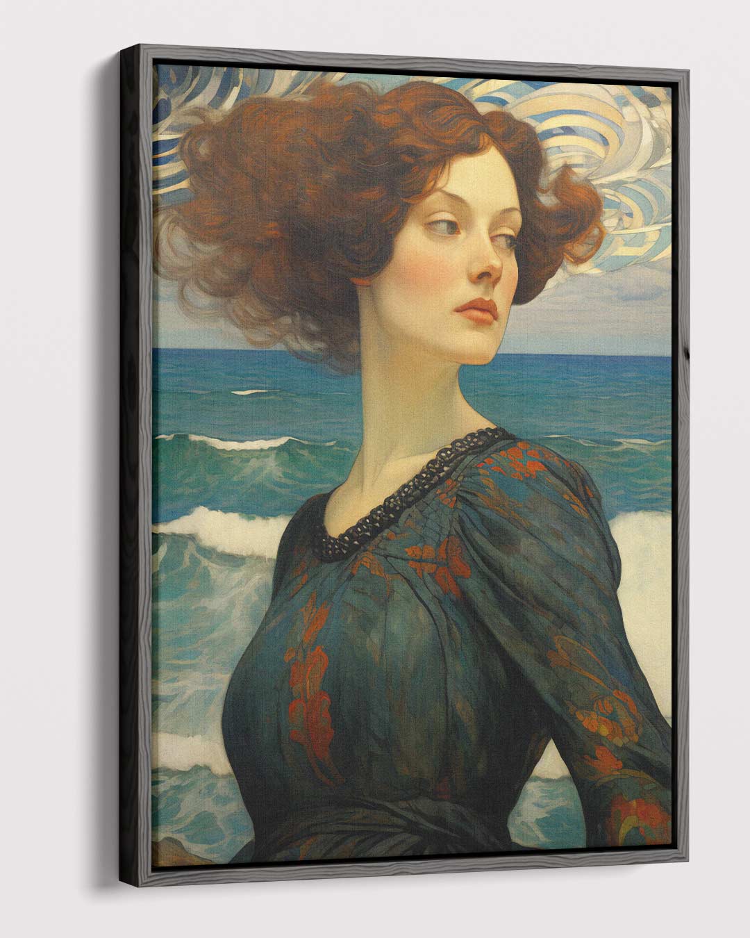 Dromerige dame aan zee Kunstwerk-canvas-dibond-plexiglas-wanddecoratie-WallArtistic