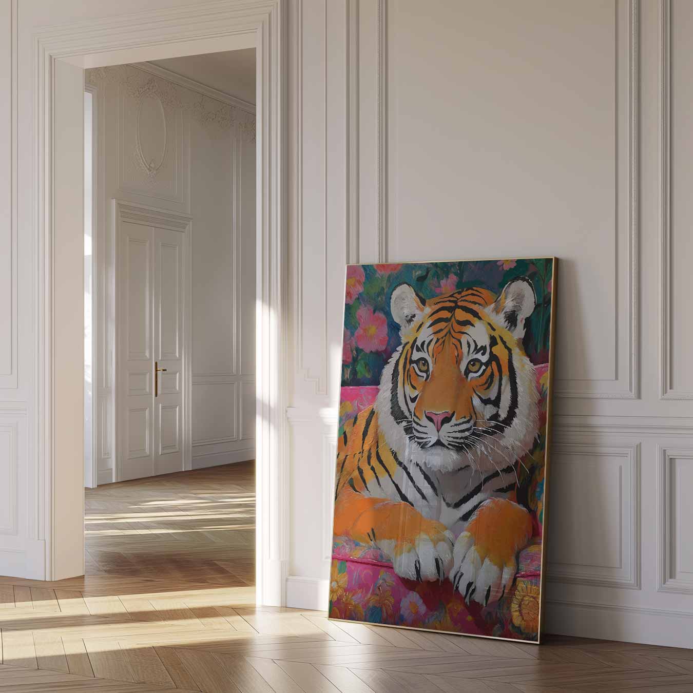 Kleurrijke Tijger op Bloemenbank Poster-WallArtistic