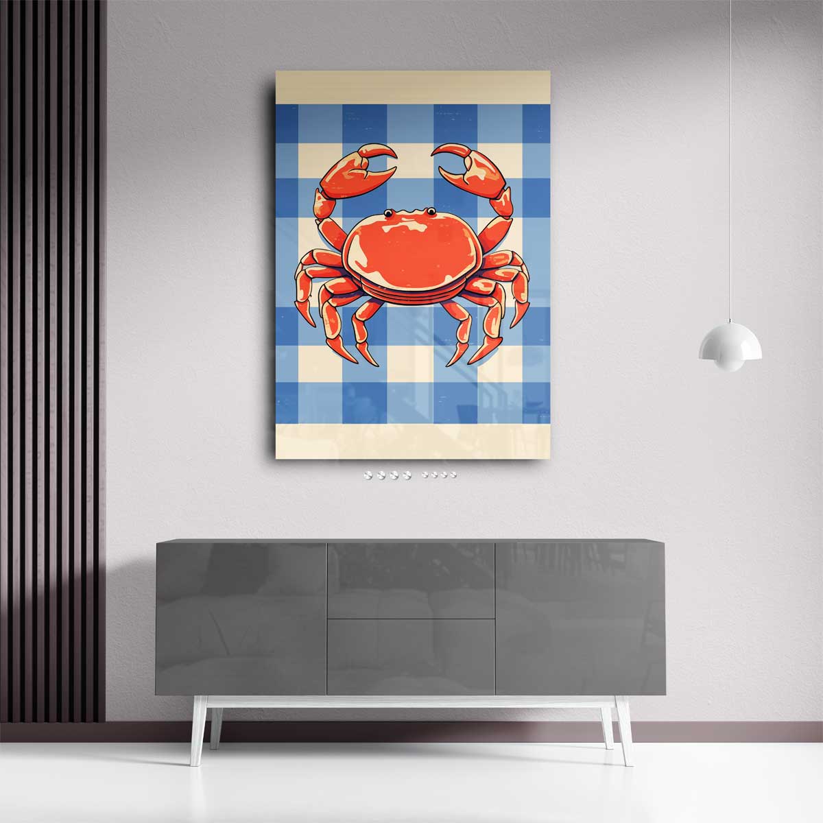 Vrolijke Krab op Blauw-Wit Patroon Kunstwerk-canvas-dibond-plexiglas-wanddecoratie-WallArtistic