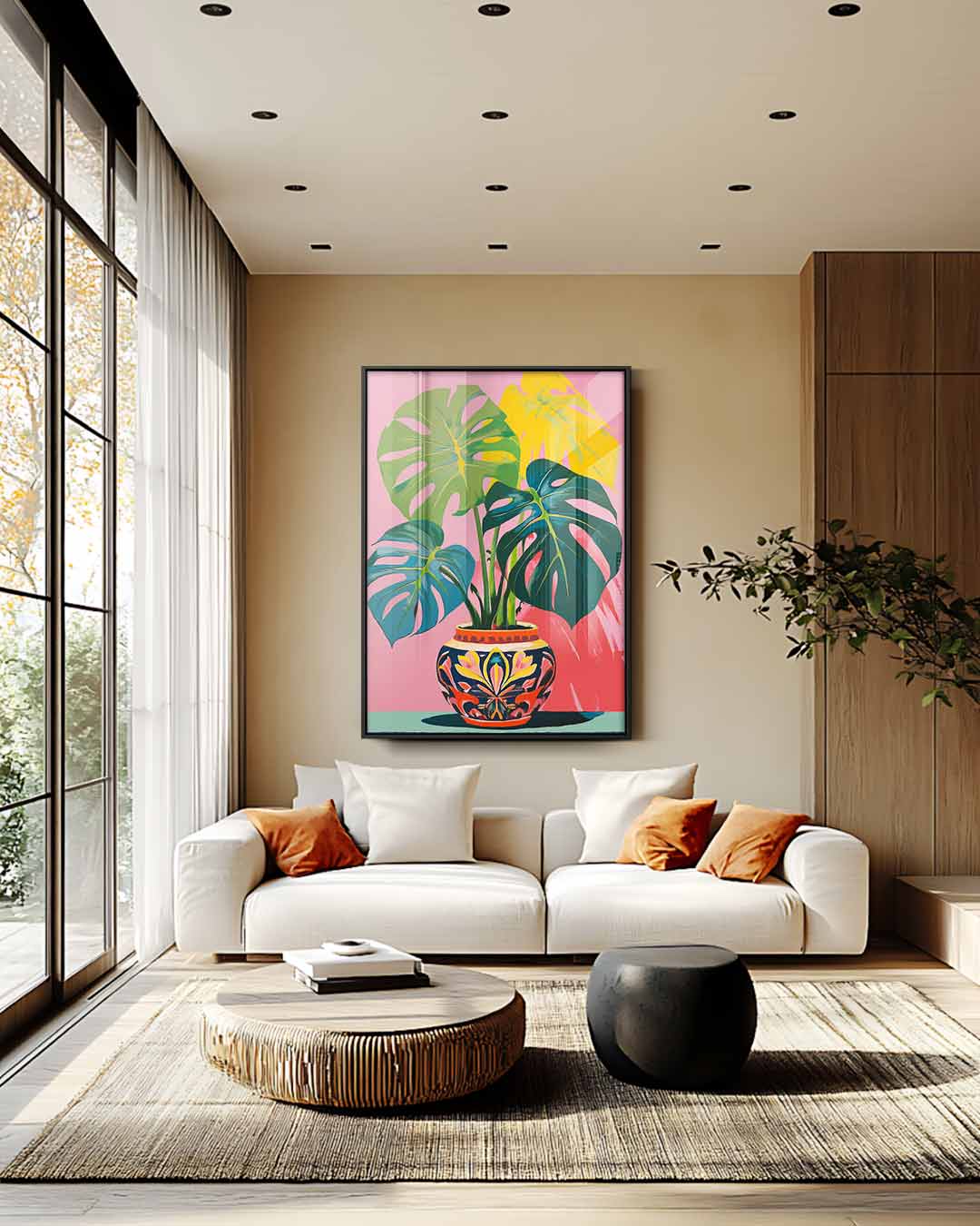 Tropische Monstera in Kleurrijke Pot Kunstwerk-canvas-dibond-plexiglas-wanddecoratie-WallArtistic