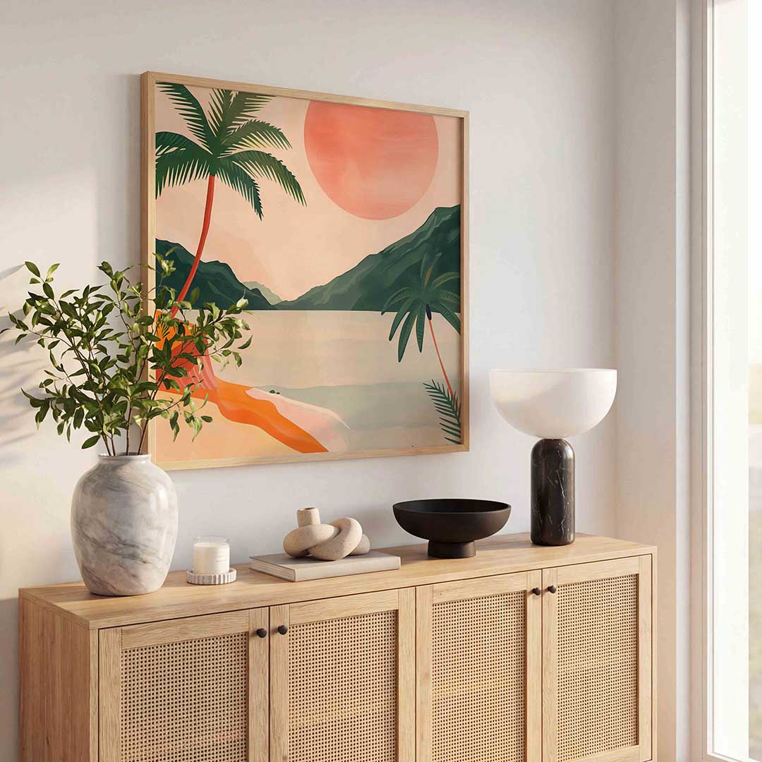 Palmboom en zonsondergang Poster
