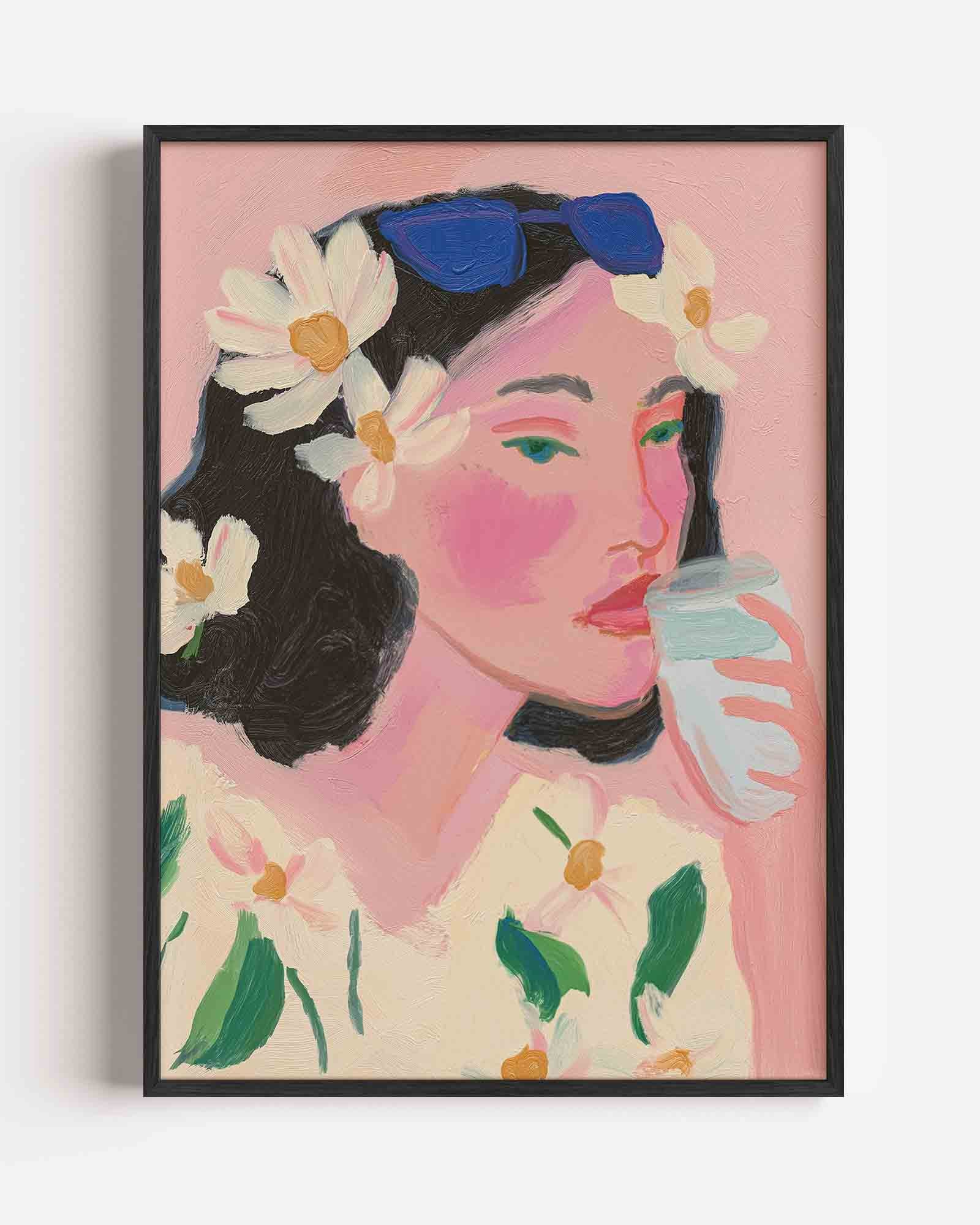 Vrouw met bloemen en zonnebril Poster