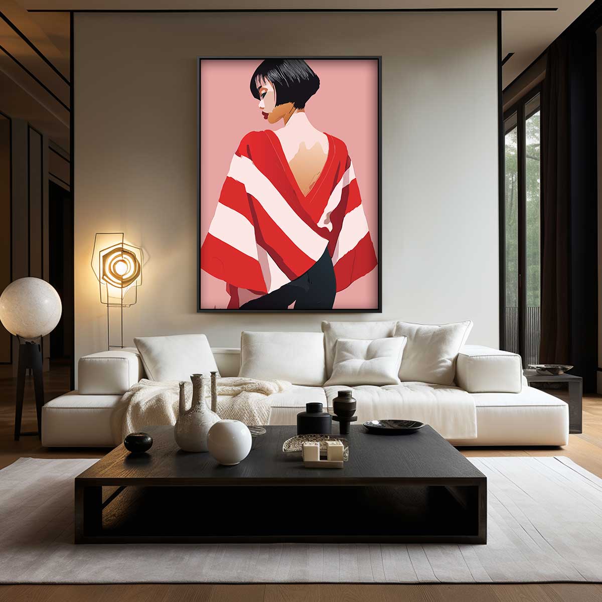 Vrouw met Rode en Witte Streep Cape Kunstwerk-canvas-dibond-plexiglas-wanddecoratie-WallArtistic