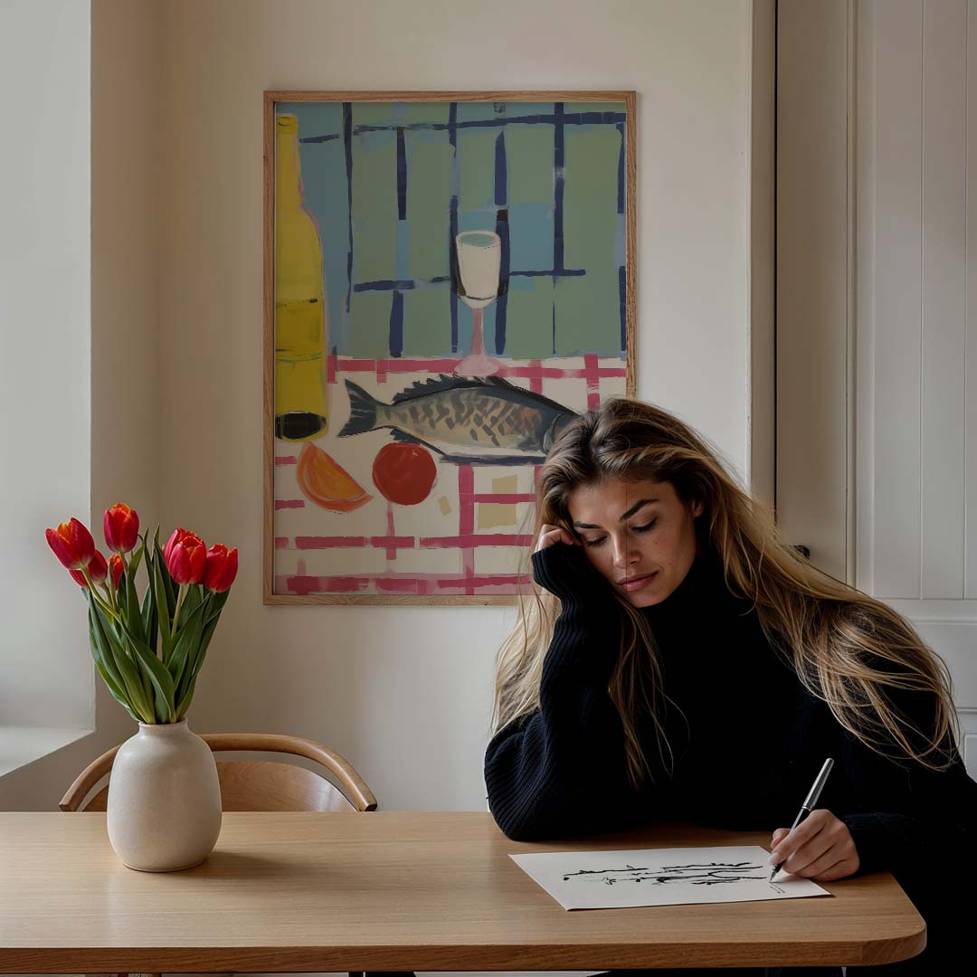 Vrolijke Keukendecoratie: Vissen en Wijn Poster-WallArtistic