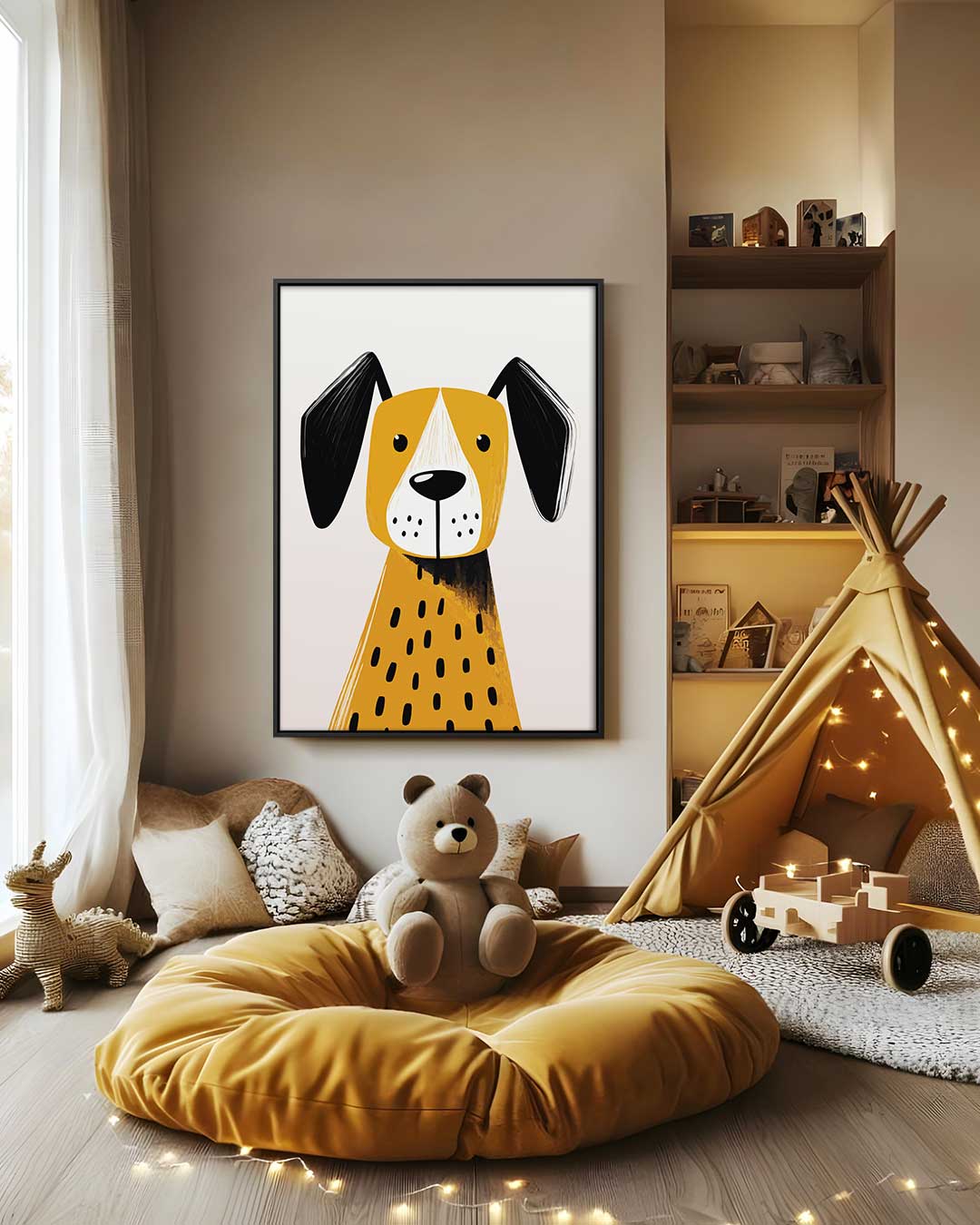 Vrolijke Hond Illustratie Kunstwerk-canvas-dibond-plexiglas-wanddecoratie-WallArtistic