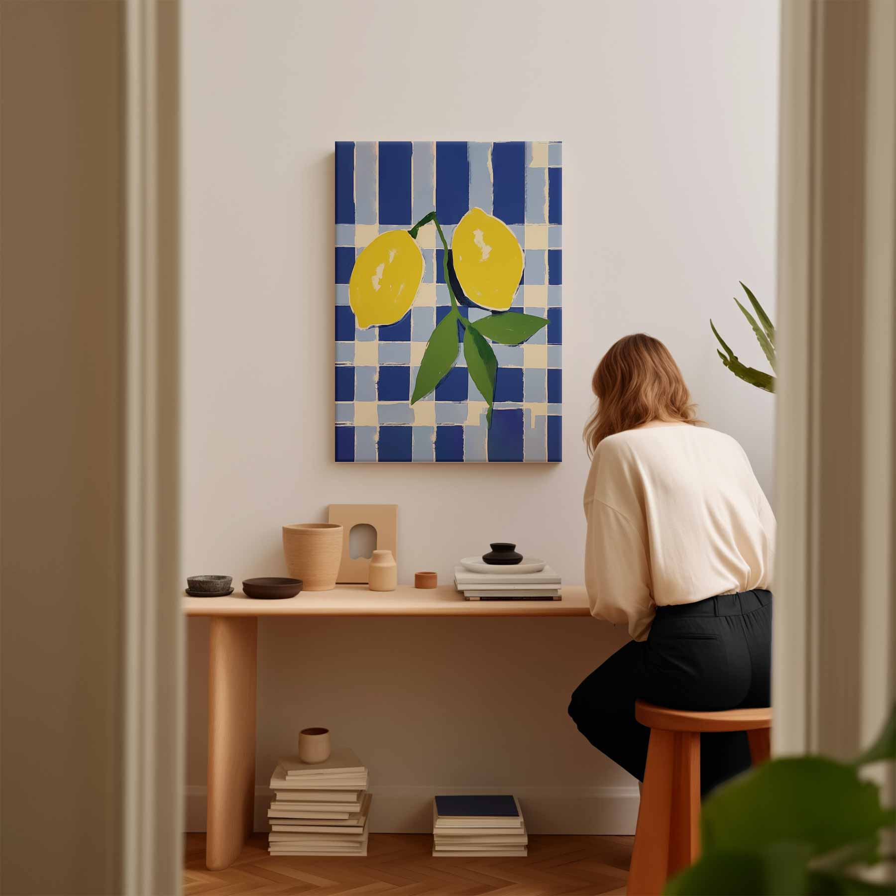 Zonnige Citroenen op Blauwe Schachtdoeken Kunstwerk-canvas-dibond-plexiglas-wanddecoratie-WallArtistic
