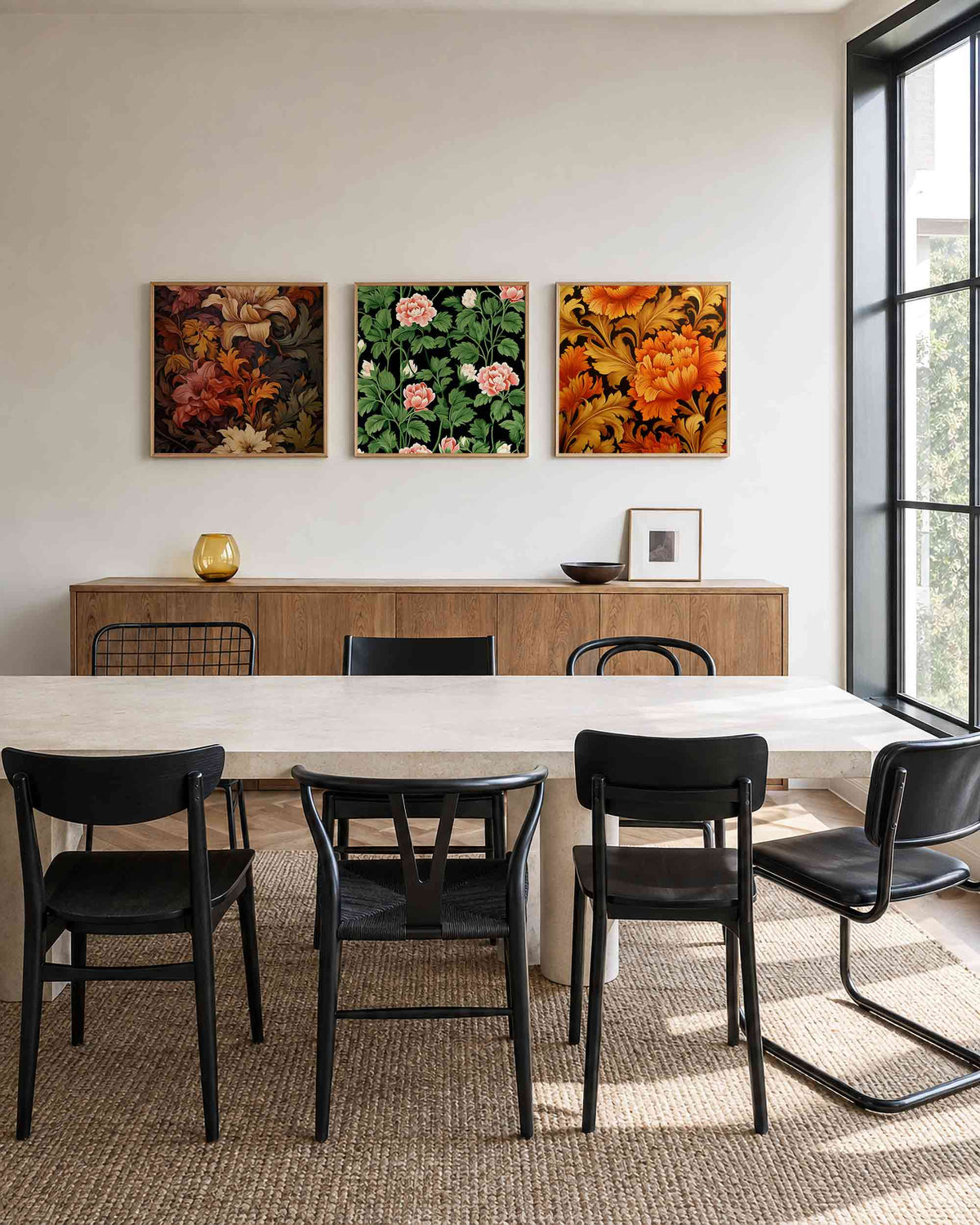Interieurpresentatie van een driedelige vierkante posterset met kleurrijke bloemen