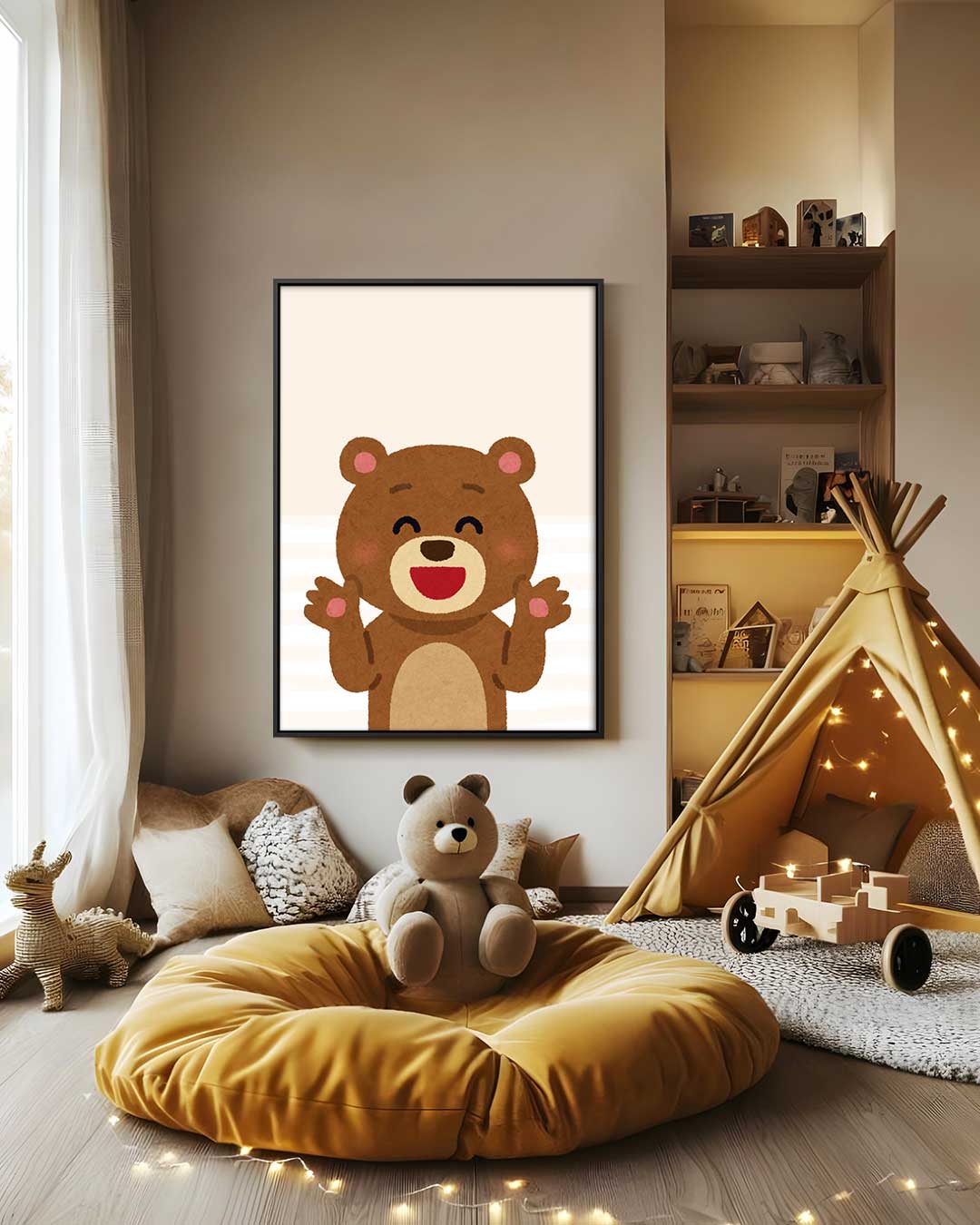 Vrolijke Knuffelbeer Illustratie Kunstwerk-canvas-dibond-plexiglas-wanddecoratie-WallArtistic