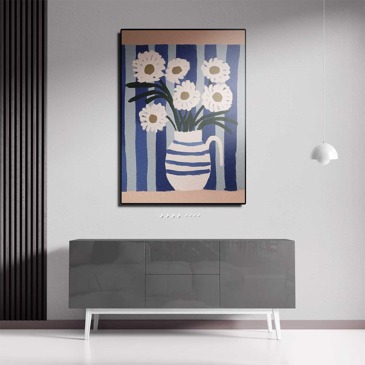 Bloemen in Blauwe Strepen Kunstwerk-canvas-dibond-plexiglas-wanddecoratie-WallArtistic