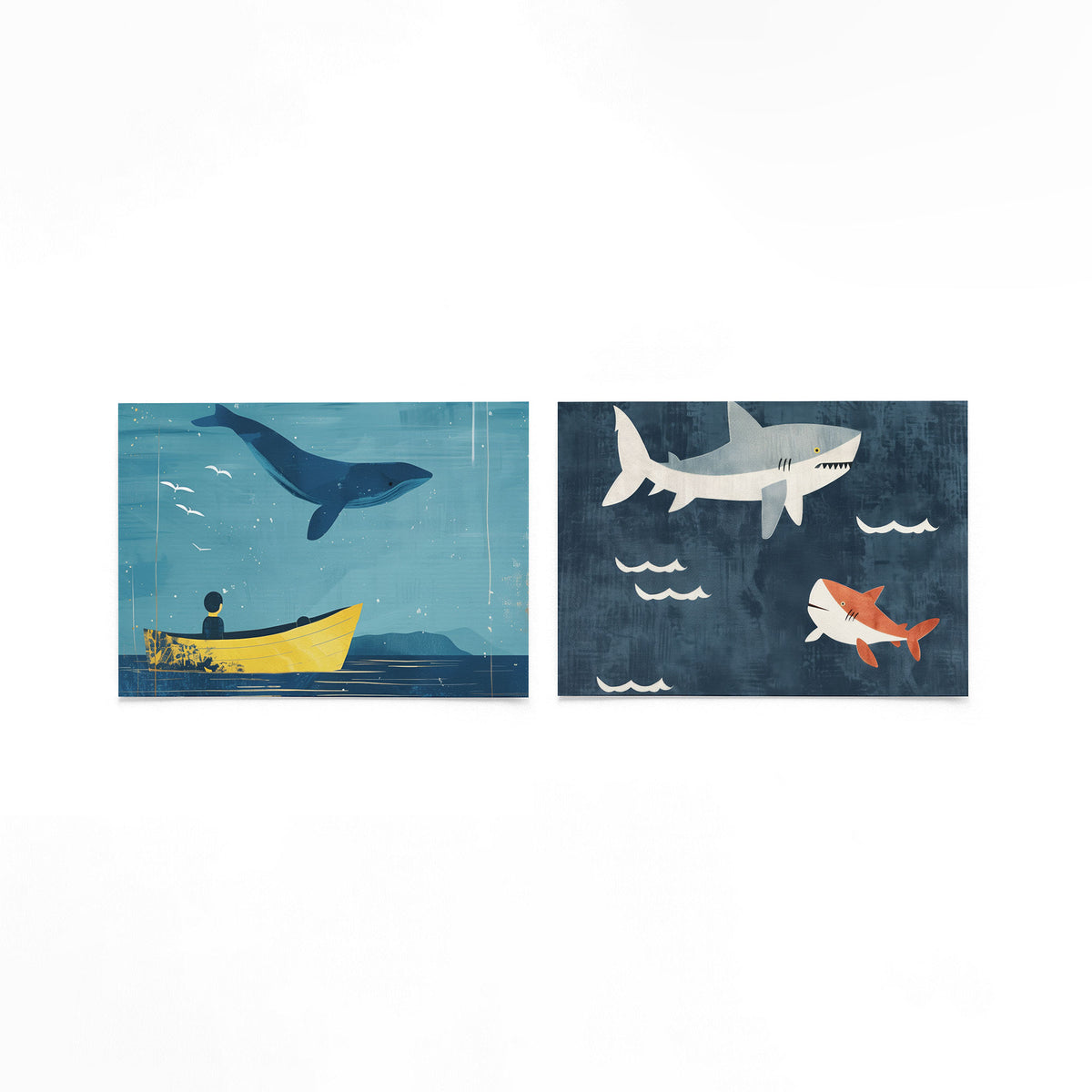 Twee liggende posters met een blauwe walvis boven een gele boot op een rustige zee op een gebroken witte achtergrond