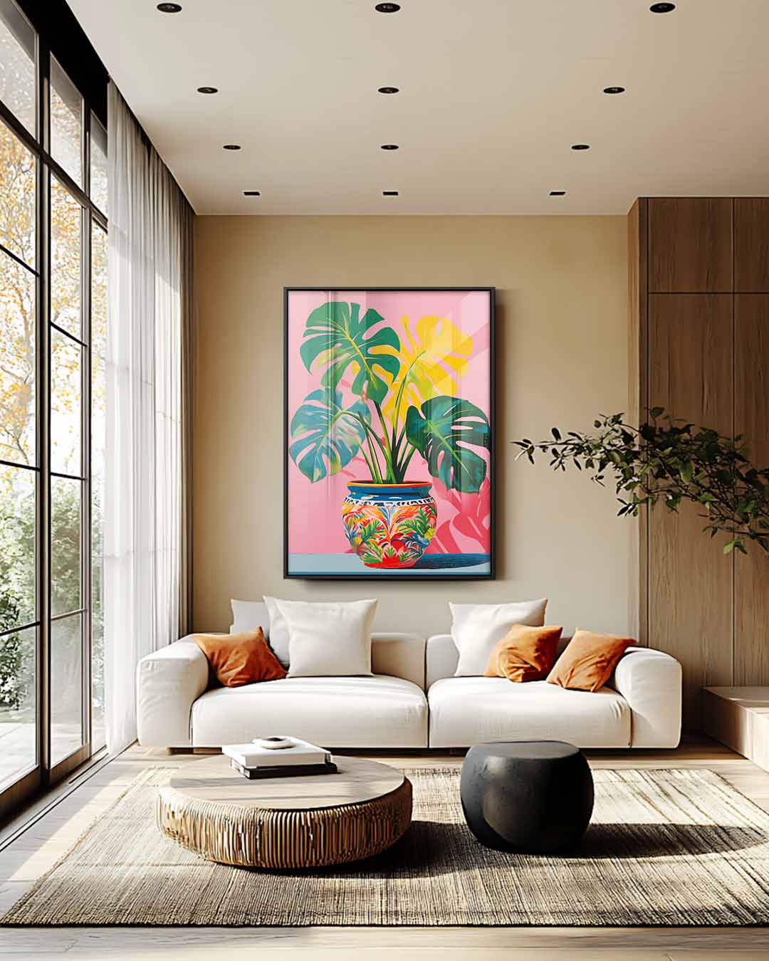 Tropische Monstera in Vrolijke Pot Kunstwerk-canvas-dibond-plexiglas-wanddecoratie-WallArtistic