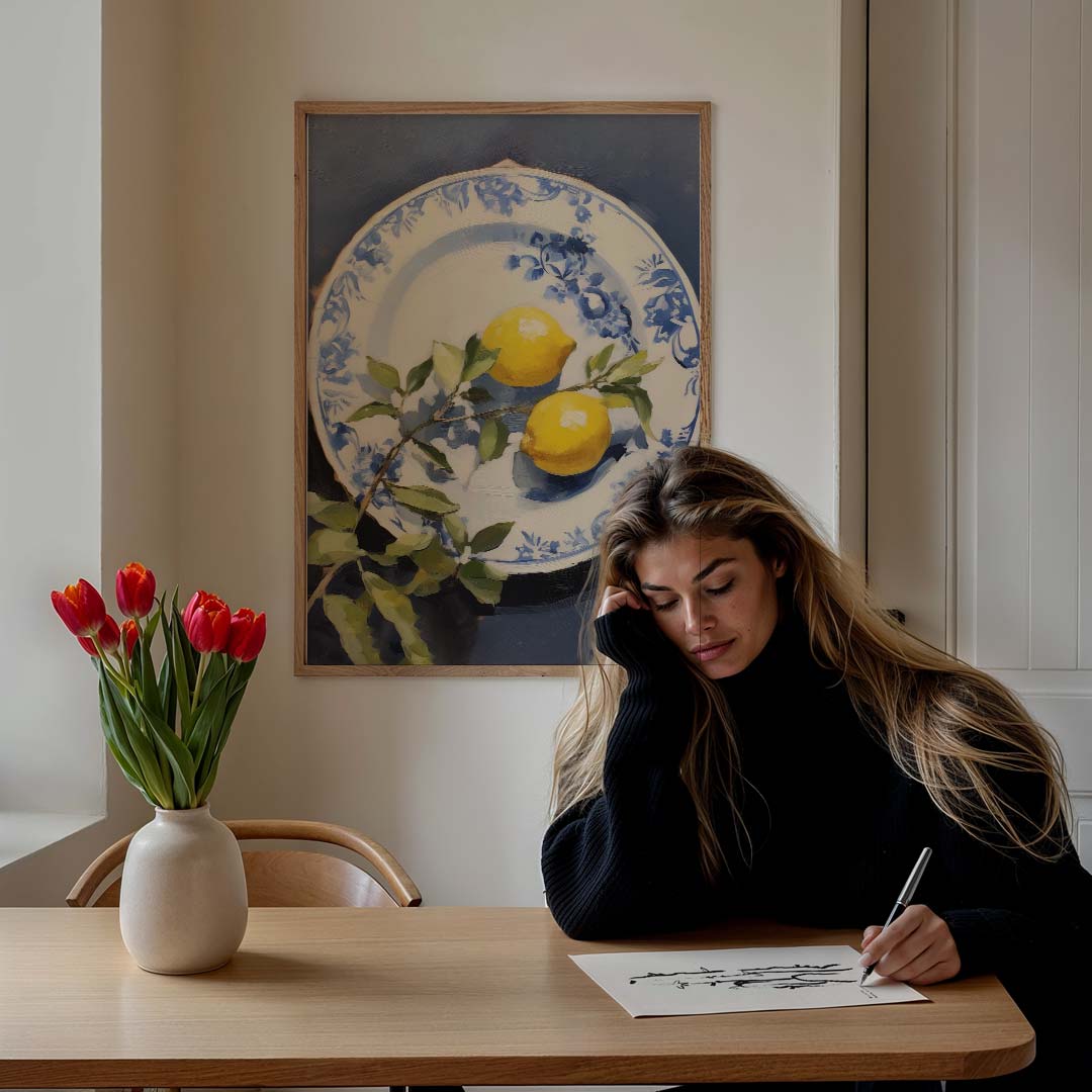 Zomerse Citroen Op Blauwe Porselein Poster-WallArtistic