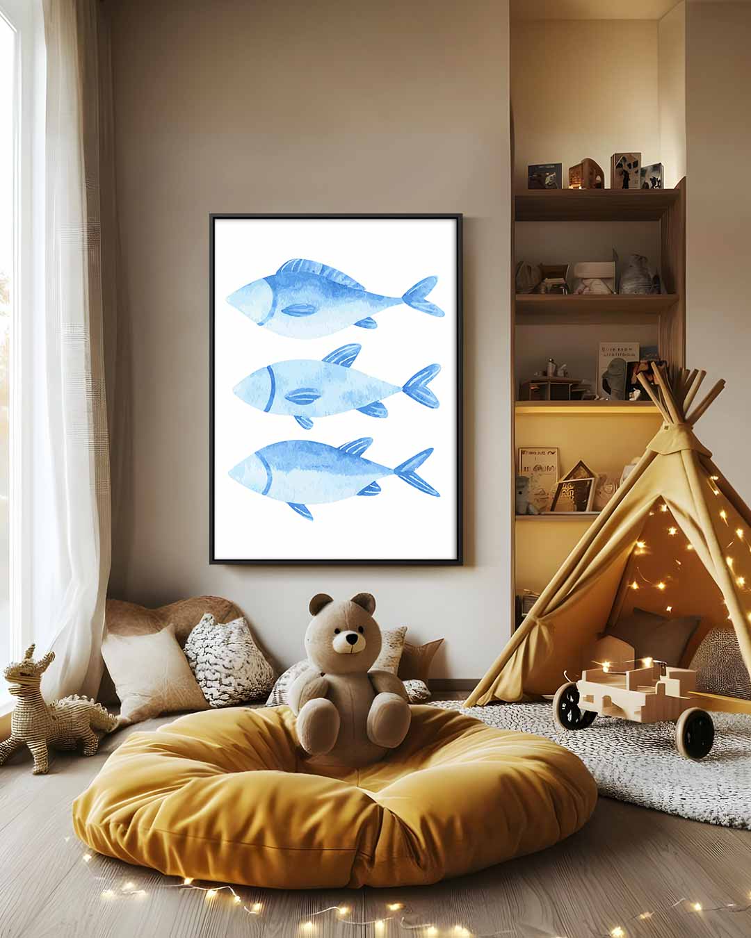 Blauw Waterverf Vissen Trio Kunstwerk-canvas-dibond-plexiglas-wanddecoratie-WallArtistic