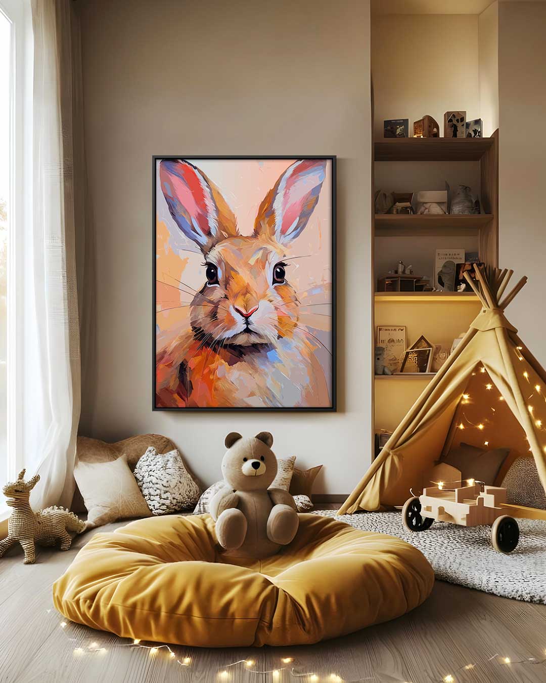 Schilderij van een nieuwsgierige haas Kunstwerk-canvas-dibond-plexiglas-wanddecoratie-WallArtistic