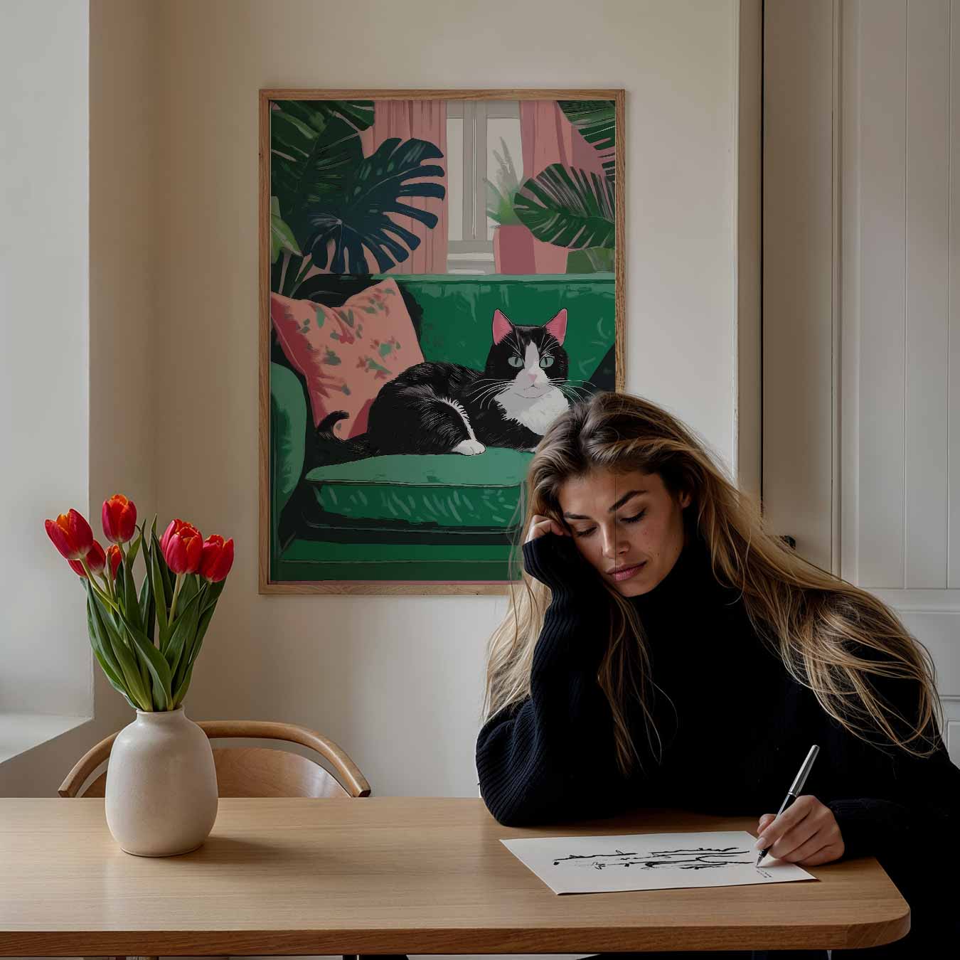 Kat op Groene Bank Poster