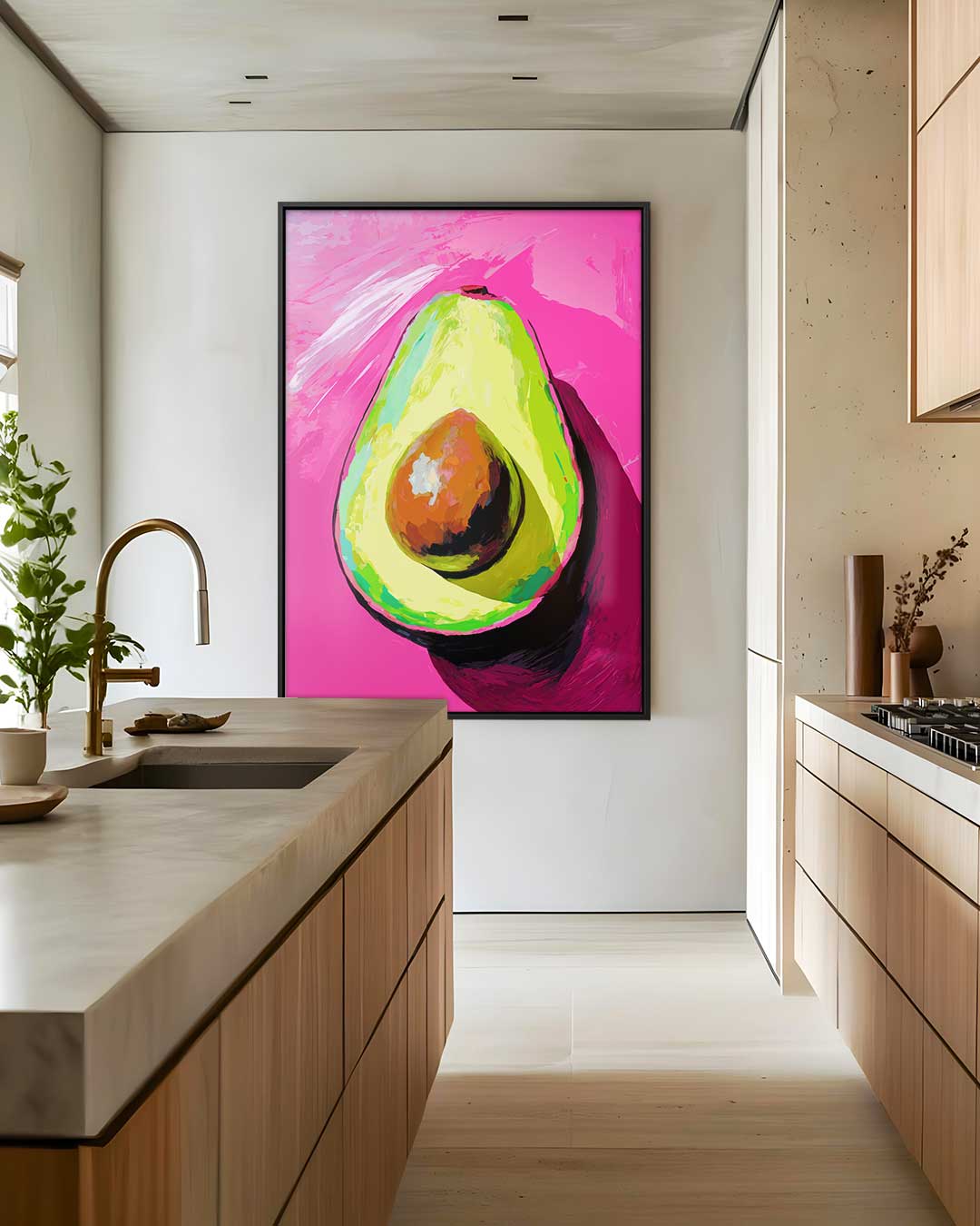 Avocado Kunstwerk met Roze Achtergrond Kunstwerk-canvas-dibond-plexiglas-wanddecoratie-WallArtistic