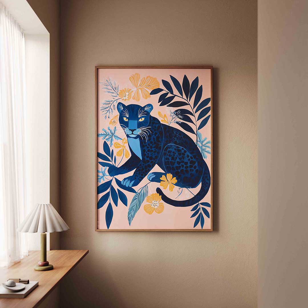 Blauwe panter en bloemen Poster