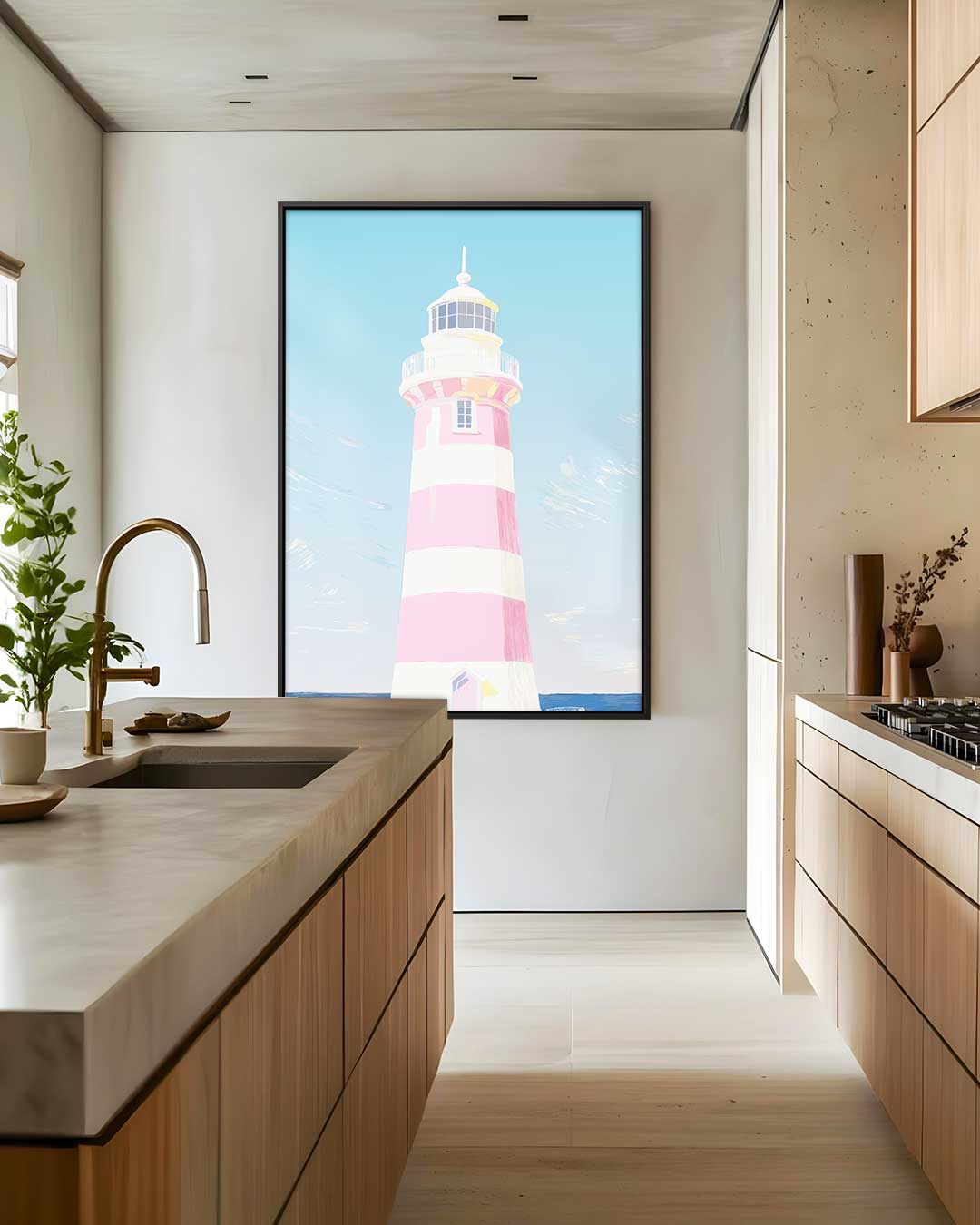 Zomerse Vuurtoren aan de Kust Kunstwerk-canvas-dibond-plexiglas-wanddecoratie-WallArtistic