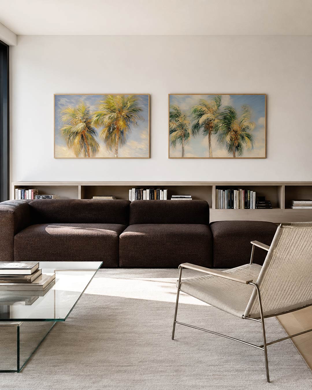 Tweedelige posterset met twee palmbomen met groene, gele en bruine bladeren tegen een blauwe lucht, getoond in een interieur