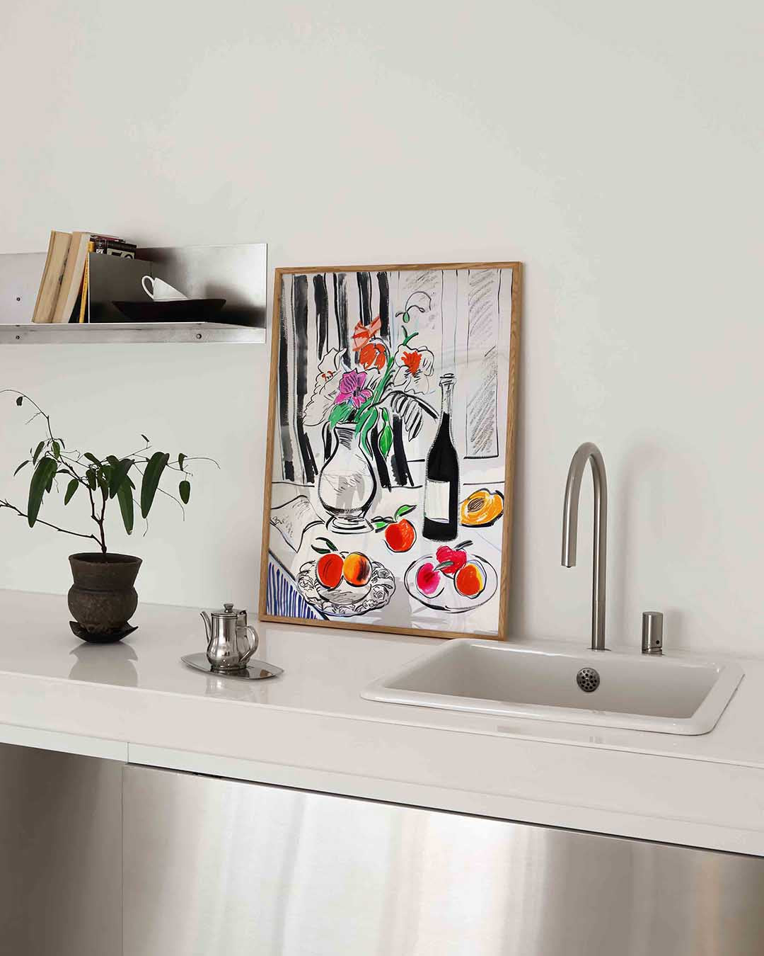 Bloemen en fruit op tafel Poster