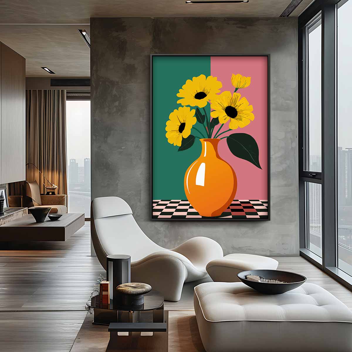 Zonnige Bloemen in Vaas Kunstwerk-canvas-dibond-plexiglas-wanddecoratie-WallArtistic