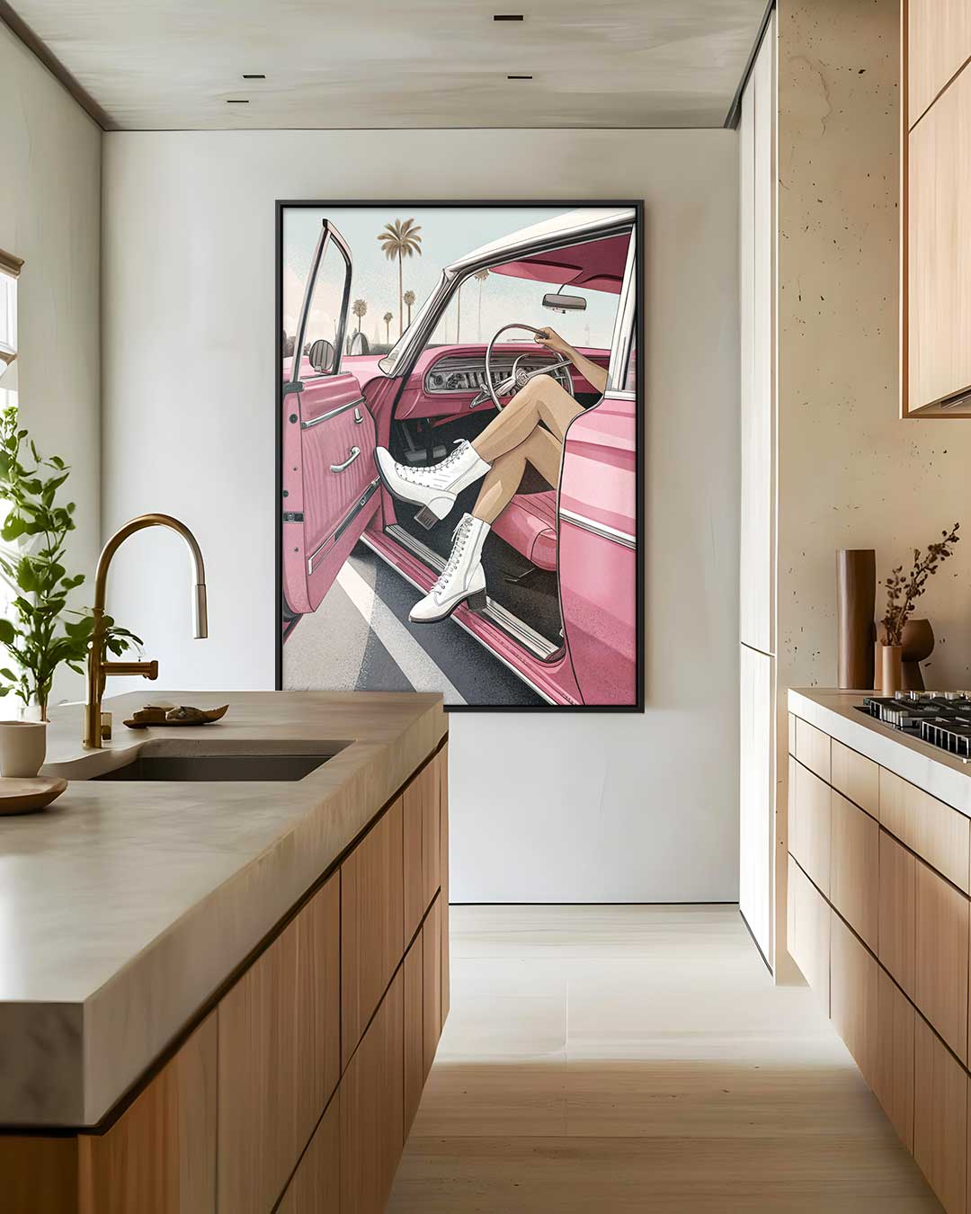 Zonnige Dag in de Retro Cabrio Kunstwerk-canvas-dibond-plexiglas-wanddecoratie-WallArtistic