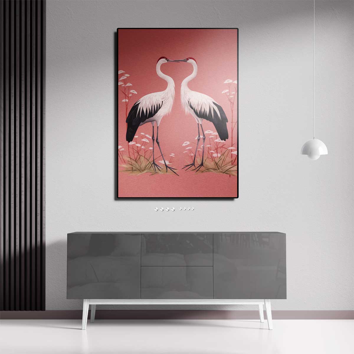 Romantische Kraanvogels op Rosa Achtergrond Kunstwerk-canvas-dibond-plexiglas-wanddecoratie-WallArtistic
