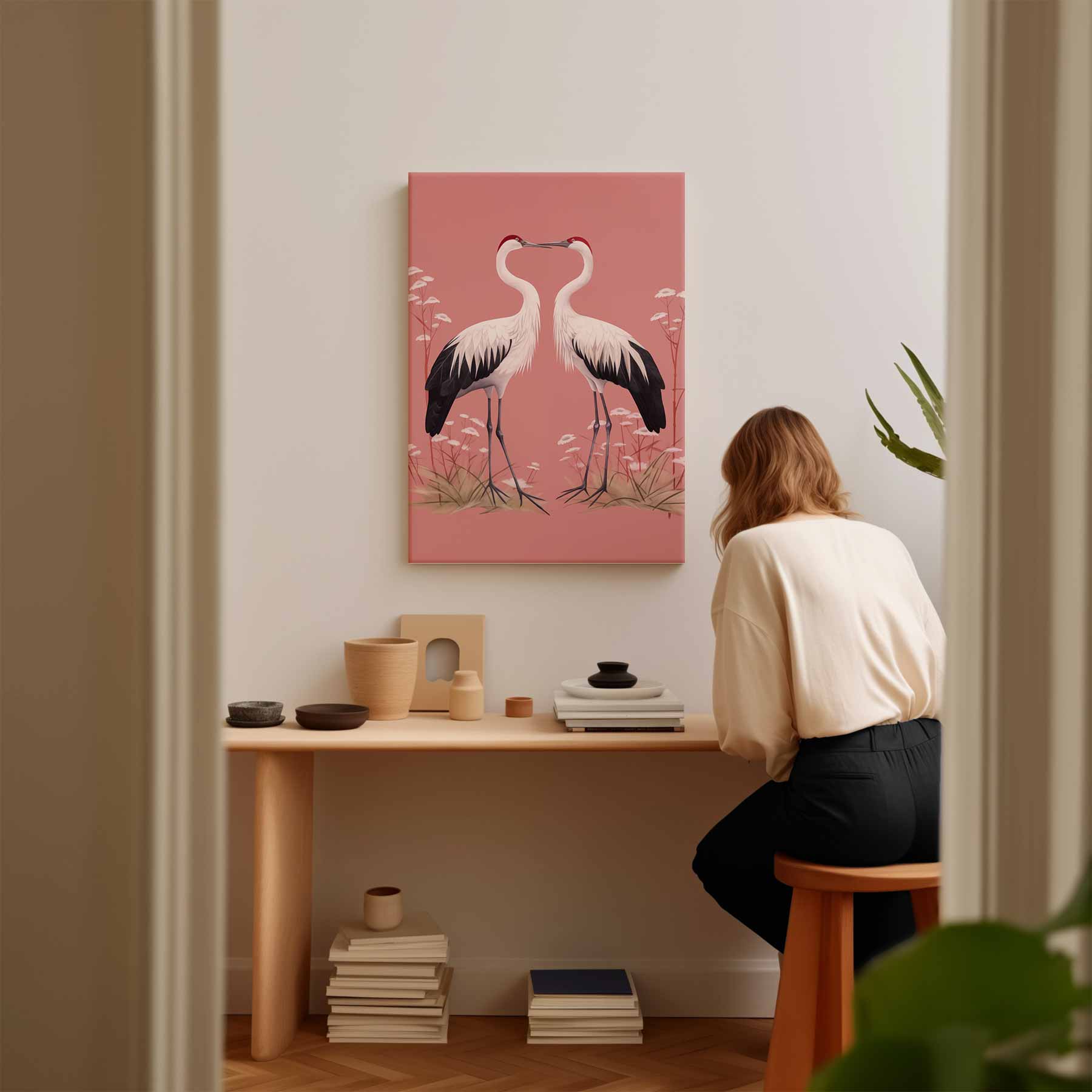 Romantische Kraanvogels op Rosa Achtergrond Kunstwerk-canvas-dibond-plexiglas-wanddecoratie-WallArtistic