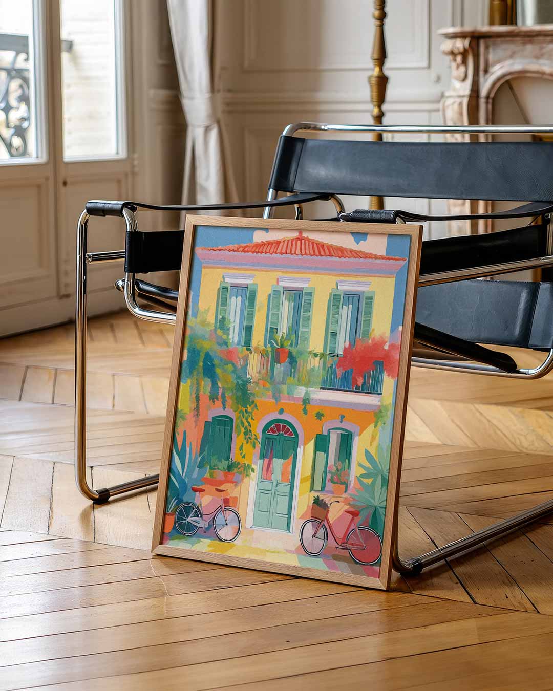 Zonnige Stadsgevel met Kleurrijke Fietsen Poster-WallArtistic