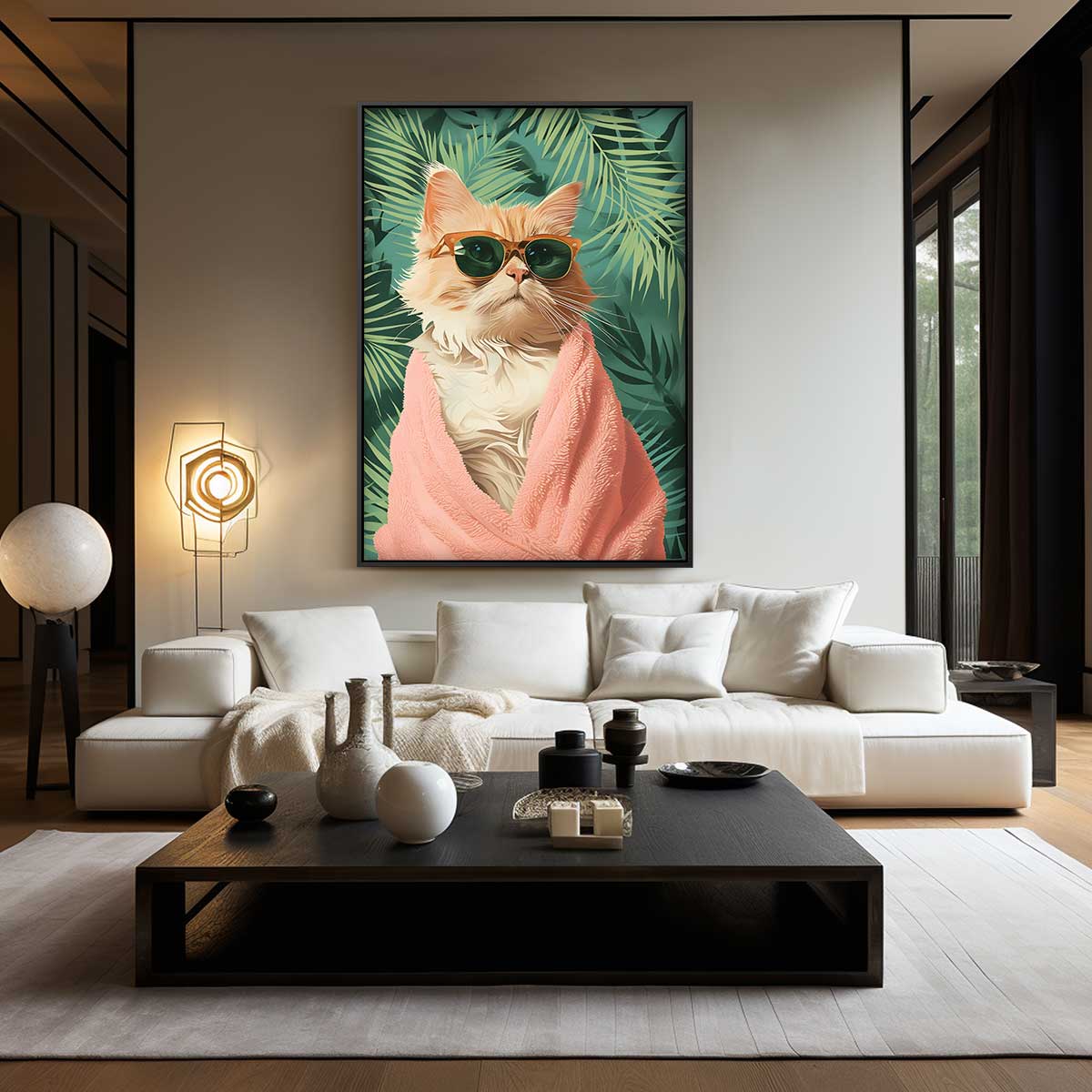 Trendy Kat met Zonnebril Kunstwerk-canvas-dibond-plexiglas-wanddecoratie-WallArtistic
