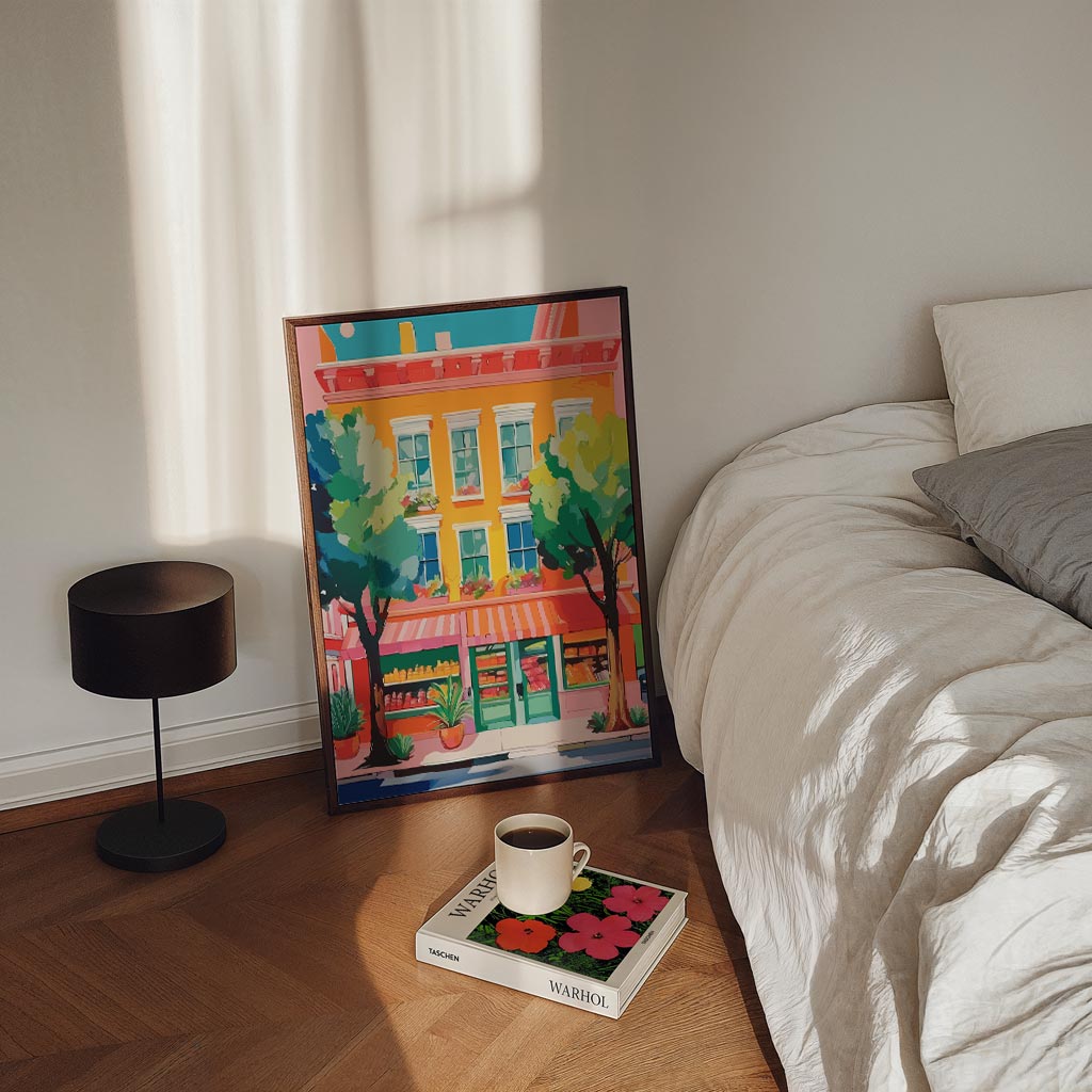 Zonnige Straatwinkel Poster