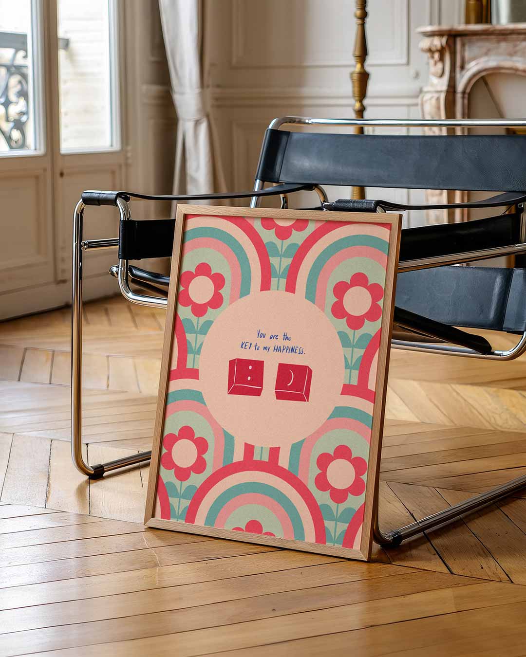 Retro Bloemen en Sleutel Poster