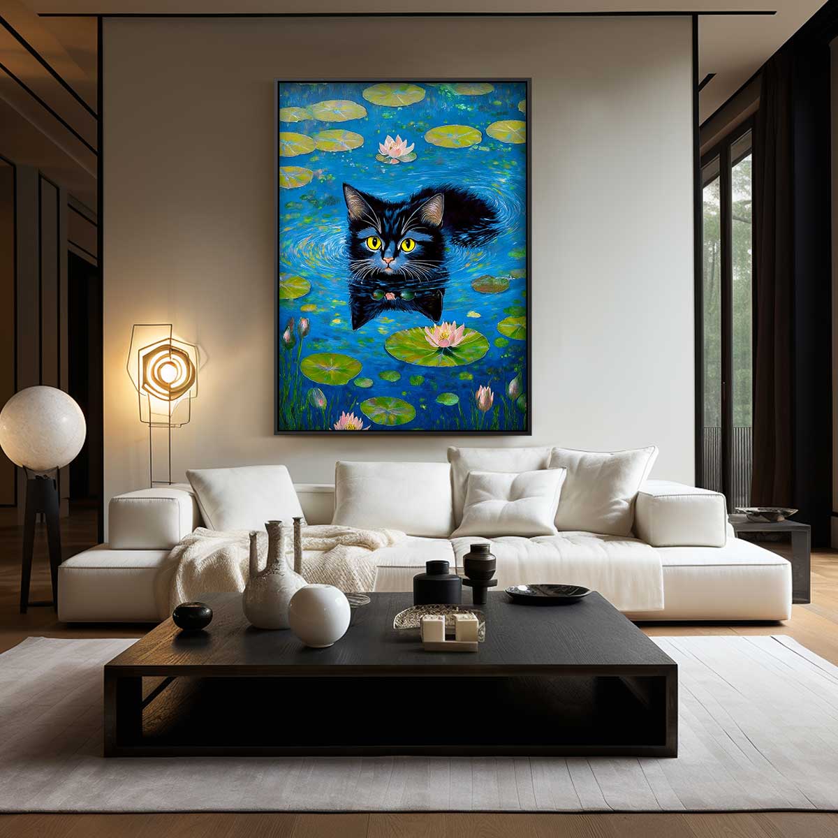 Zwemmende Kat Tussen Waterlelies Kunstwerk-canvas-dibond-plexiglas-wanddecoratie-WallArtistic