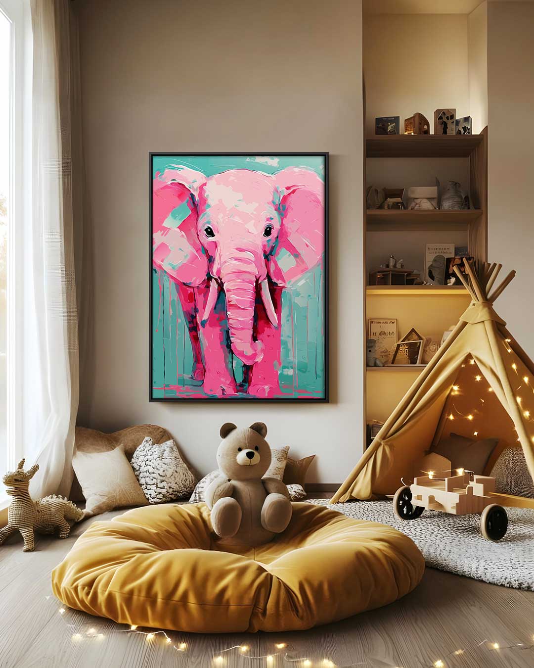 Vrolijke Roze Olifant Kunstwerk-canvas-dibond-plexiglas-wanddecoratie-WallArtistic