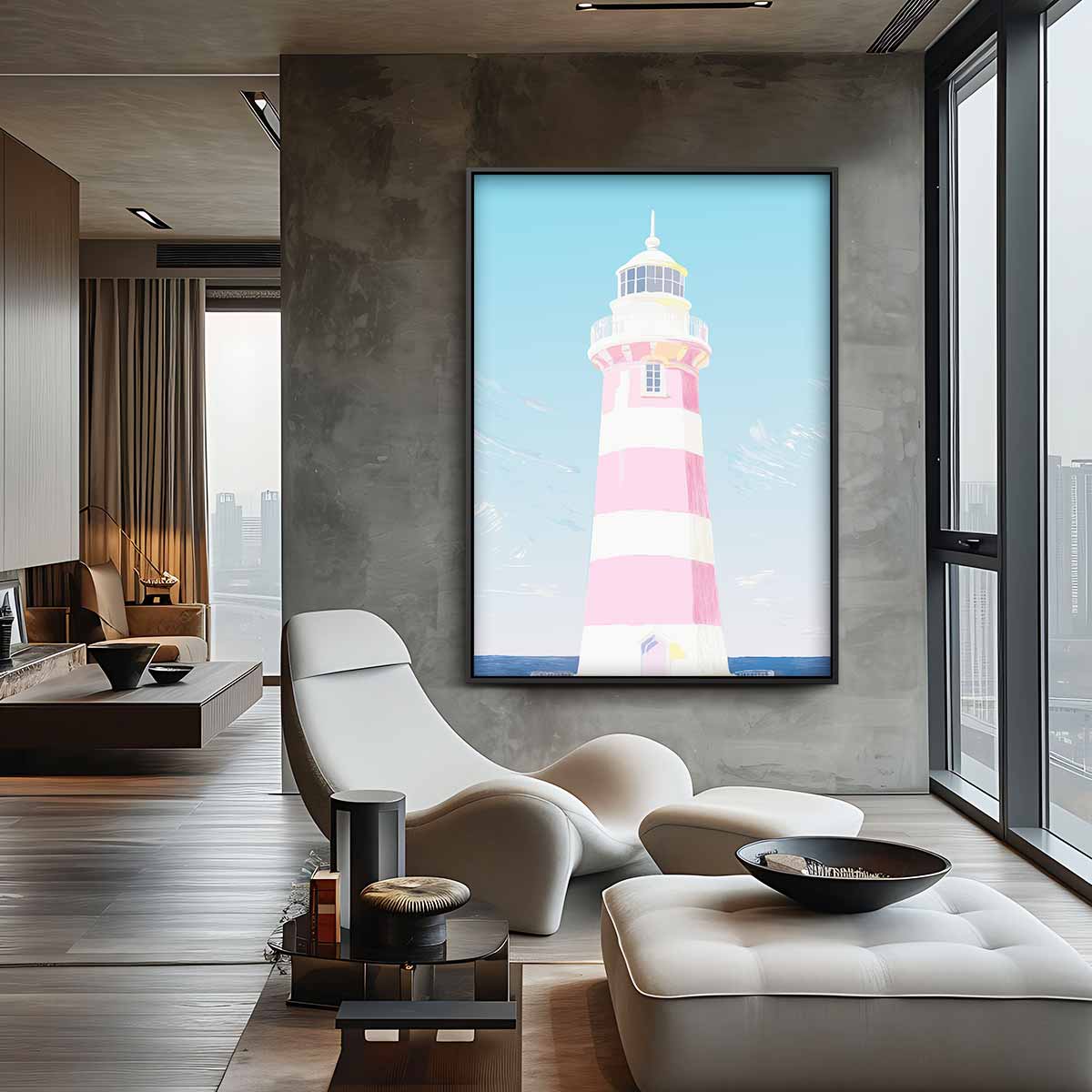Zomerse Vuurtoren aan de Kust Kunstwerk-canvas-dibond-plexiglas-wanddecoratie-WallArtistic