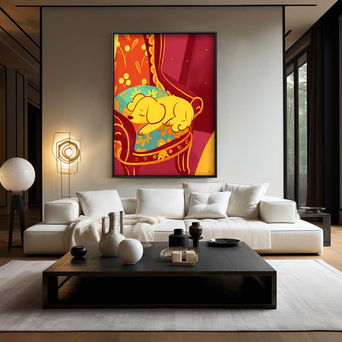 Slapende Puppy op Bloemenstoel Kunstwerk-canvas-dibond-plexiglas-wanddecoratie-WallArtistic