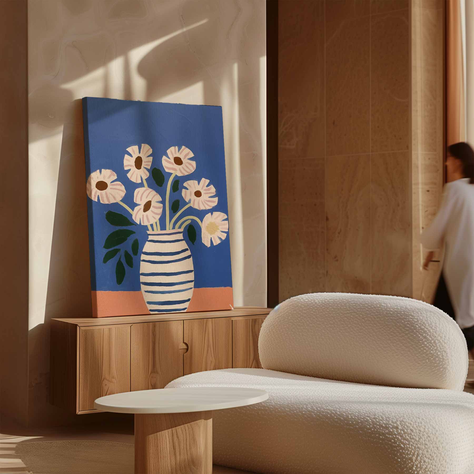 Stralende Bloemen in Gestreepte Vaas Kunstwerk-canvas-dibond-plexiglas-wanddecoratie-WallArtistic