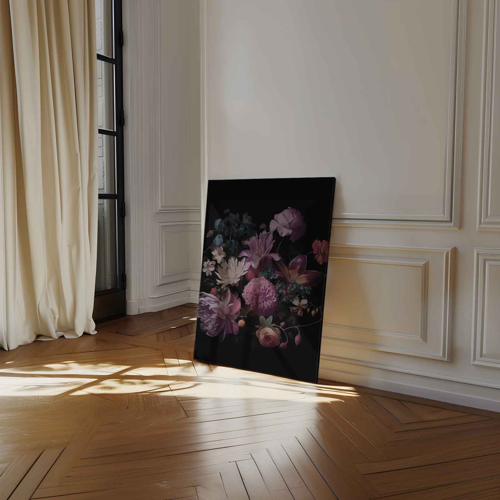 Bloemenexplosie in Donkere Zalen Kunstwerk-canvas-dibond-plexiglas-wanddecoratie-WallArtistic