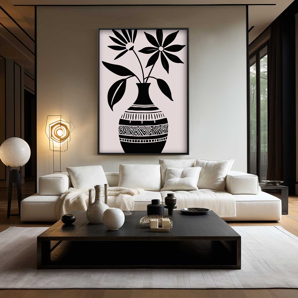 Bloemen in Zwart-Witte Vaas Kunstwerk-canvas-dibond-plexiglas-wanddecoratie-WallArtistic